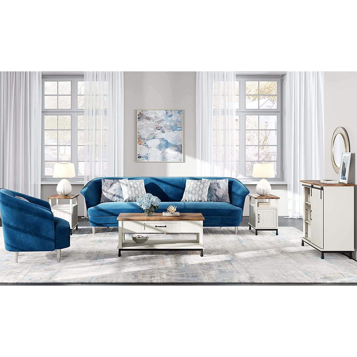 Table basse champêtre WAMPAT avec 16 lumières à DEL de couleurs, grande table centrale rectangulaire avec 1 tiroir et tablette de rangement ouverte