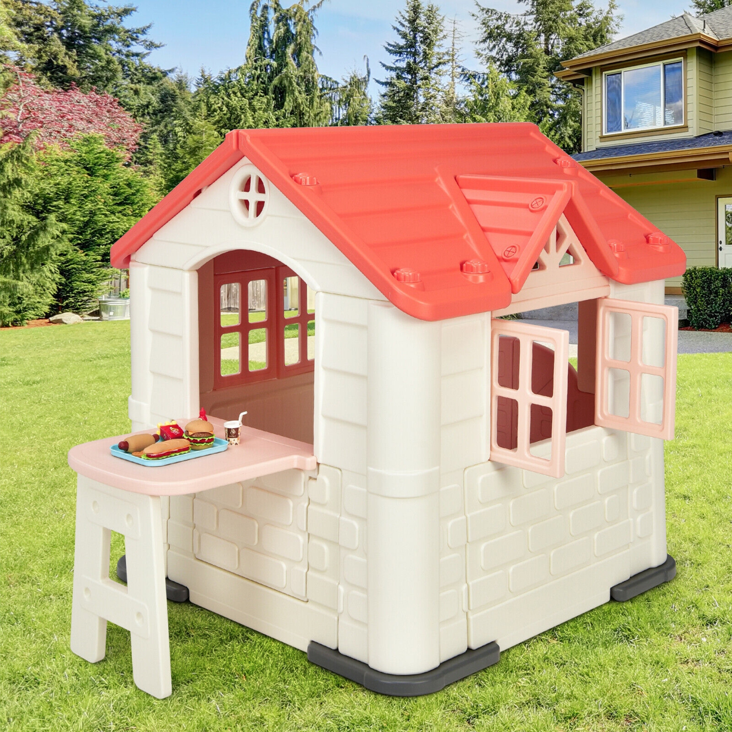 Gymax Kid's Playhouse Games Cottage w/ 7 PCS Toy Set & Waterproof Cover
