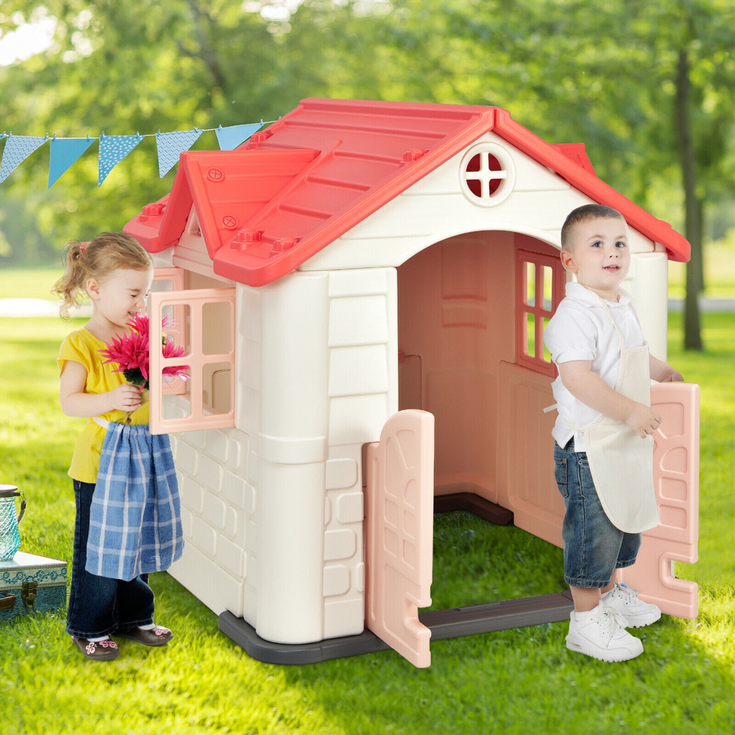 Gymax Kid's Playhouse Games Cottage w/ 7 PCS Toy Set & Waterproof Cover