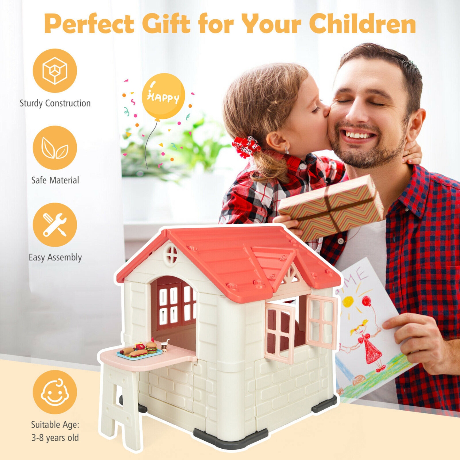 Gymax Kid's Playhouse Games Cottage w/ 7 PCS Toy Set & Waterproof Cover