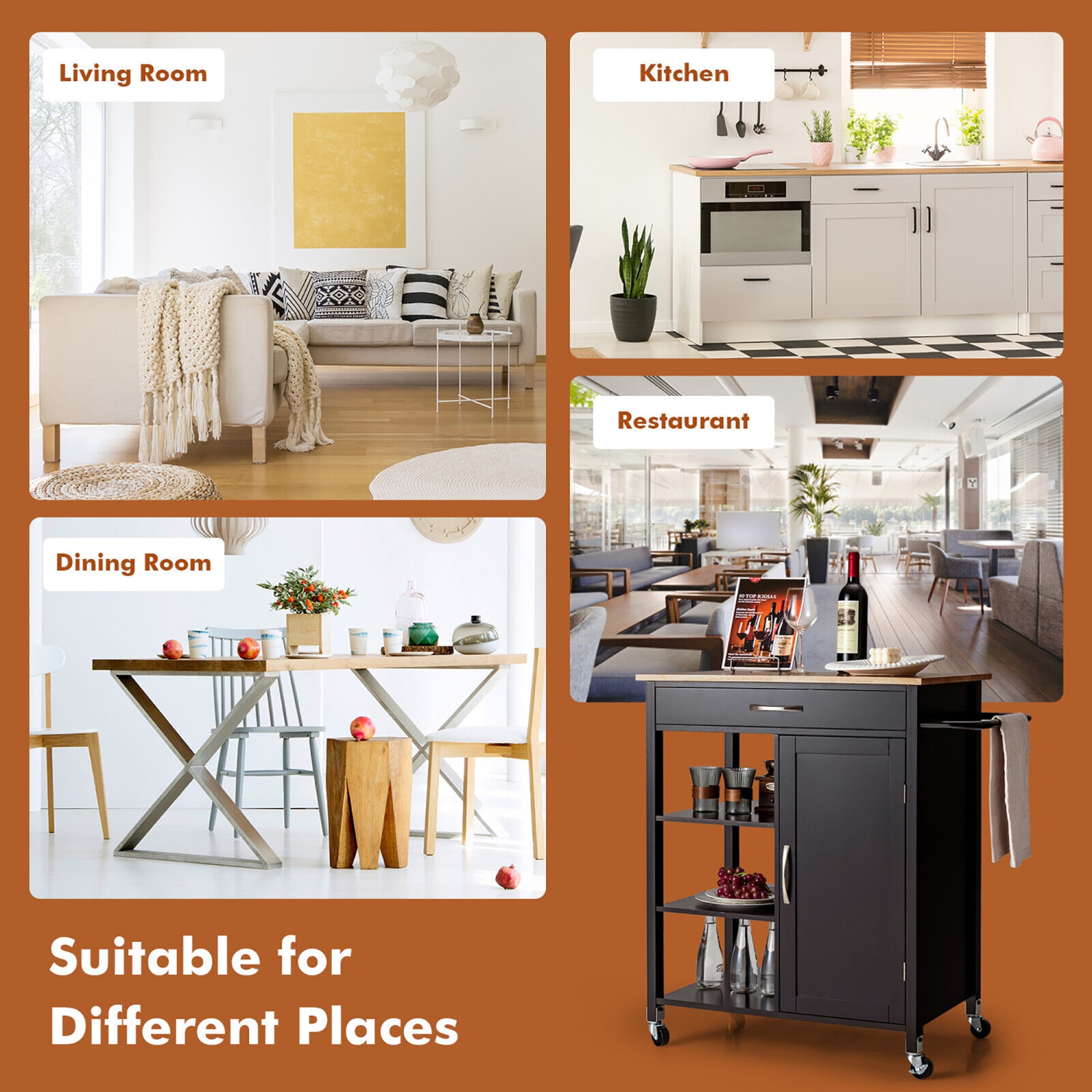 Gymax Mobile Kitchen Island Cart Serving Utility Trolley Drawer Shelf Towel Rack