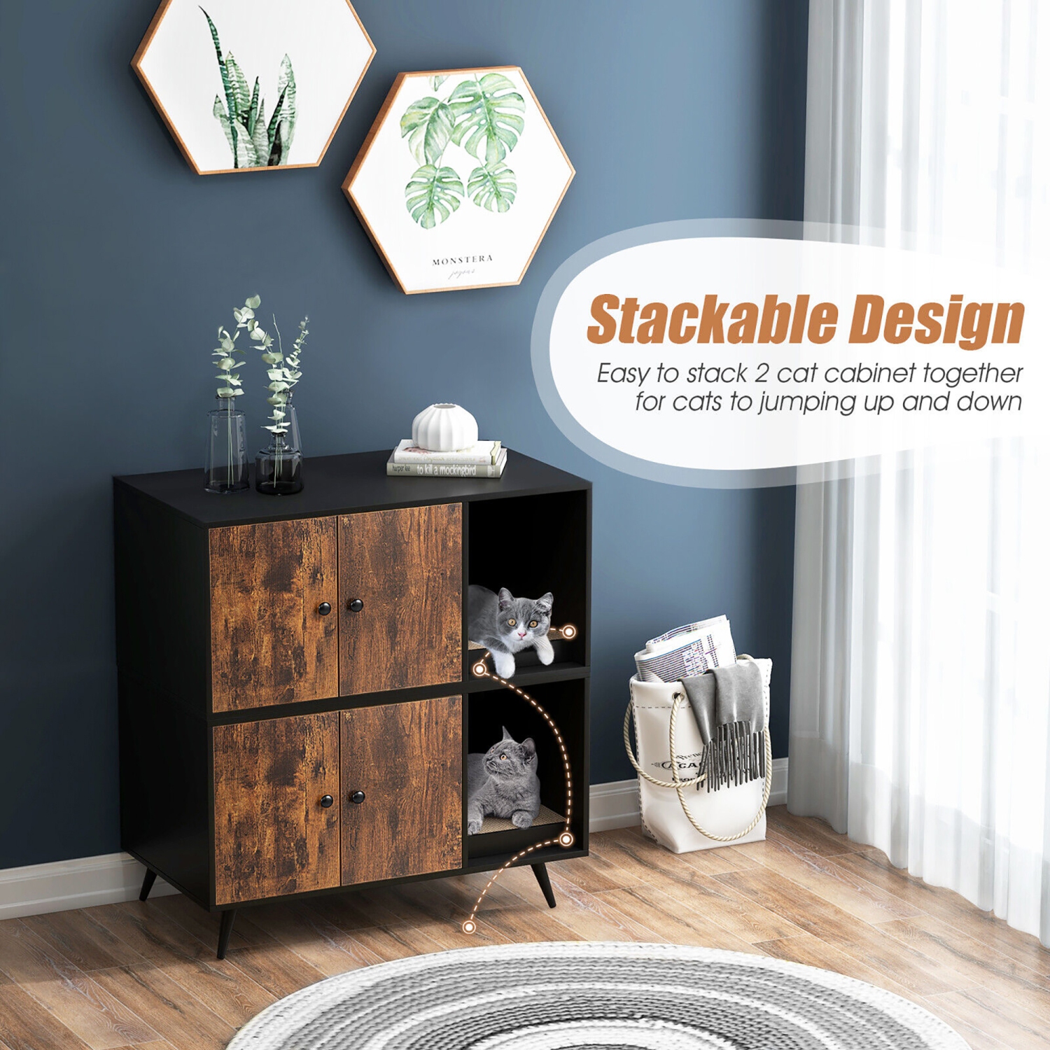 Gymax Cat Litter Box Enclosure w/ Cat Litter Catch Indoor Cat Cabinet for Living Room