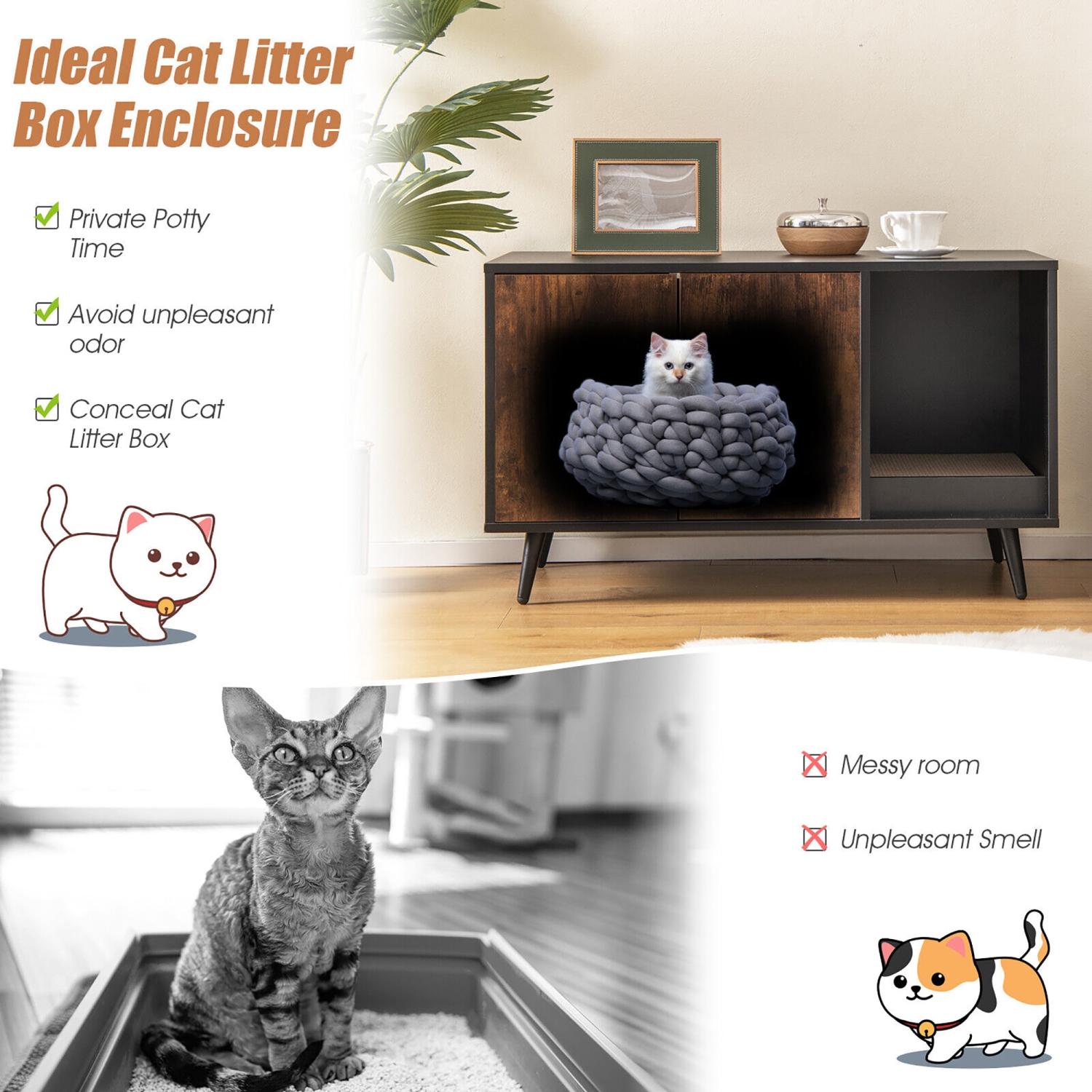 Gymax Cat Litter Box Enclosure w/ Cat Litter Catch Indoor Cat Cabinet for Living Room