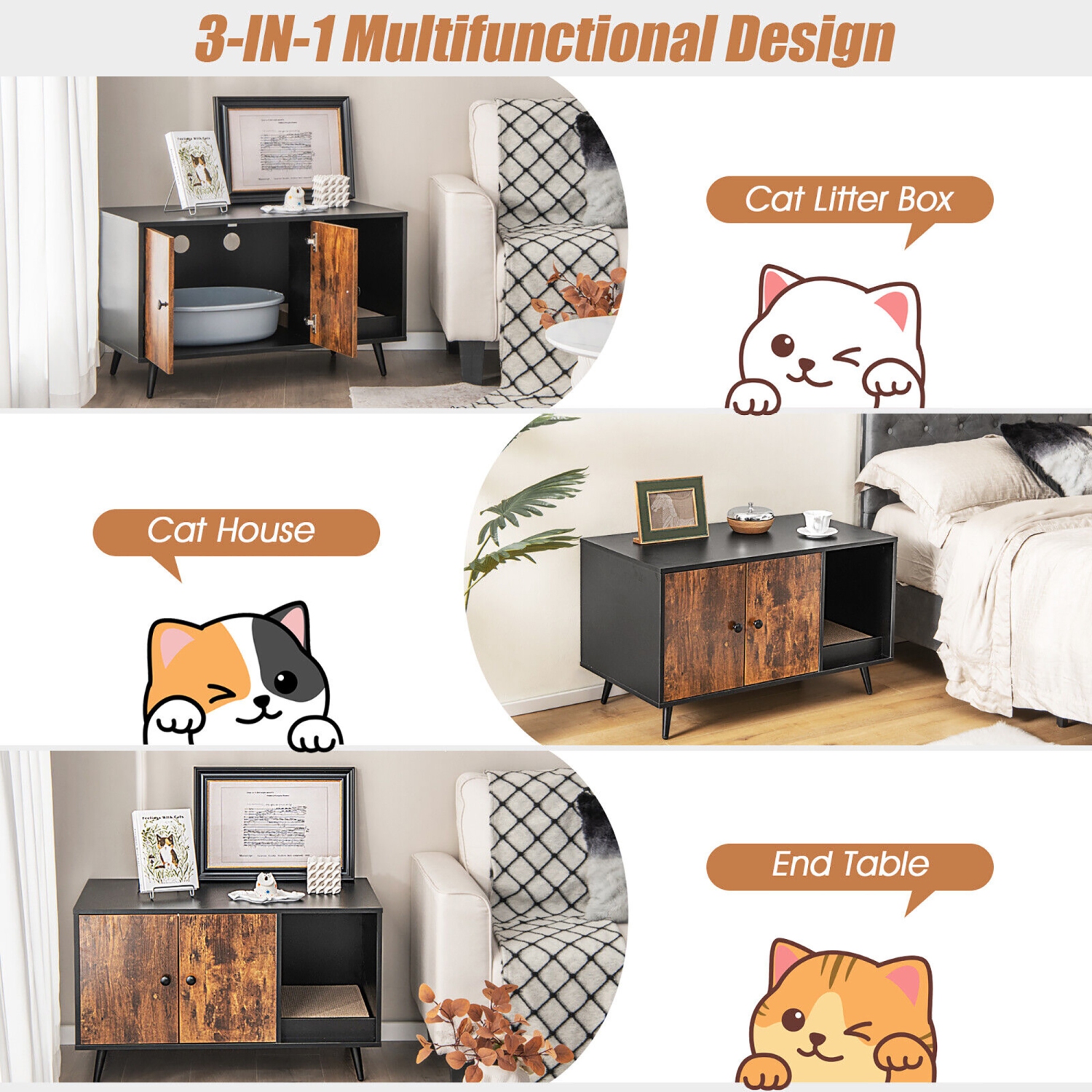 Gymax Cat Litter Box Enclosure w/ Cat Litter Catch Indoor Cat Cabinet for Living Room