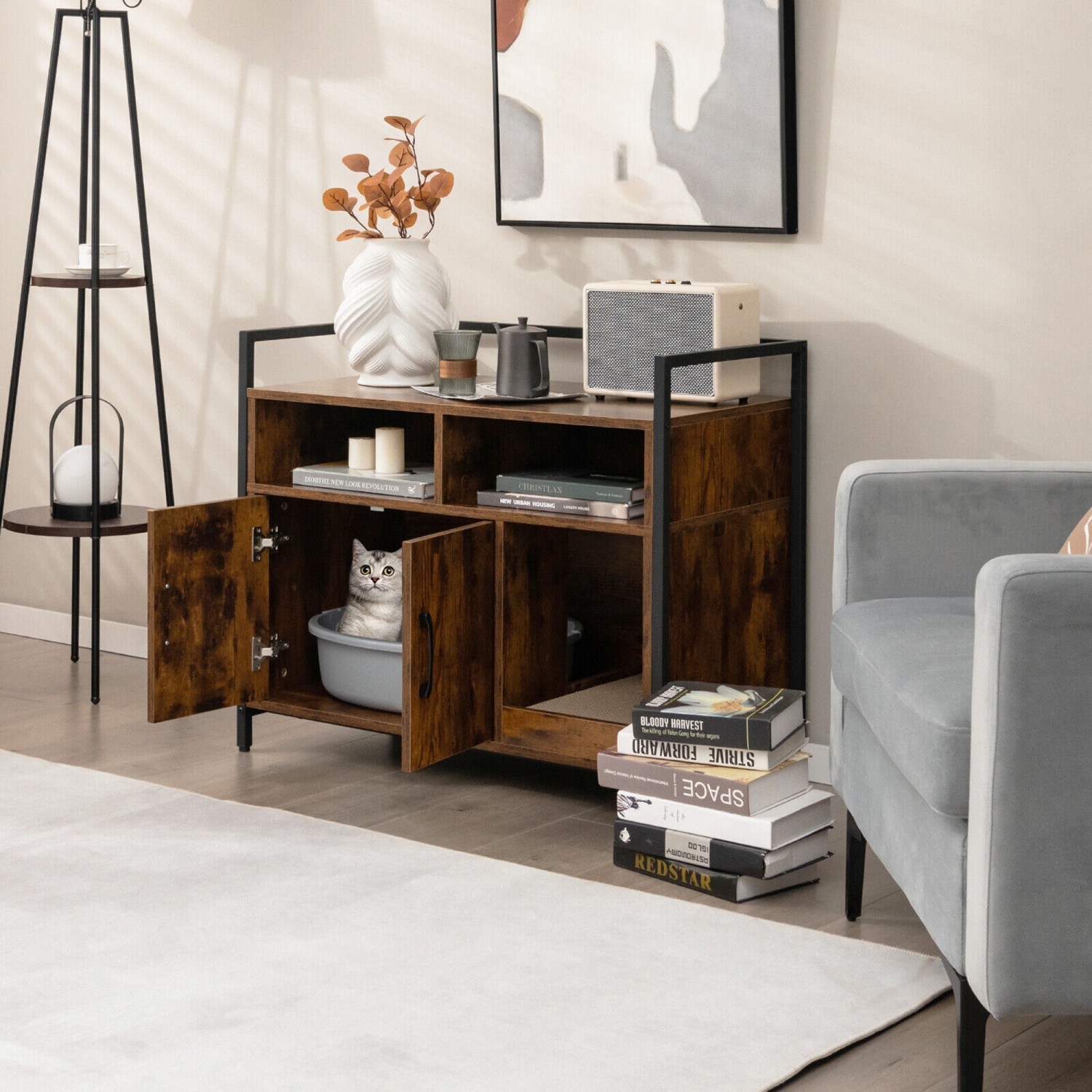 Gymax Large Litter Box Enclosure Cat Wooden Storage Cabinet with 2 Doors