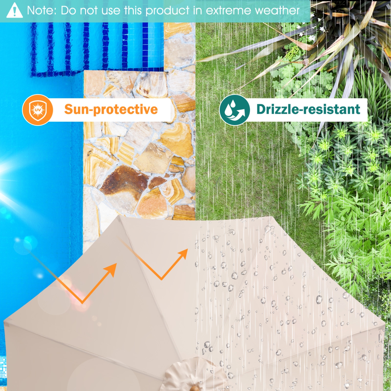 Topbuy 10FT Patio Umbrella Outdoor Table Market Umbrella with 8 Bamboo Ribs Pulley Lift and Ventilation Hole Beige