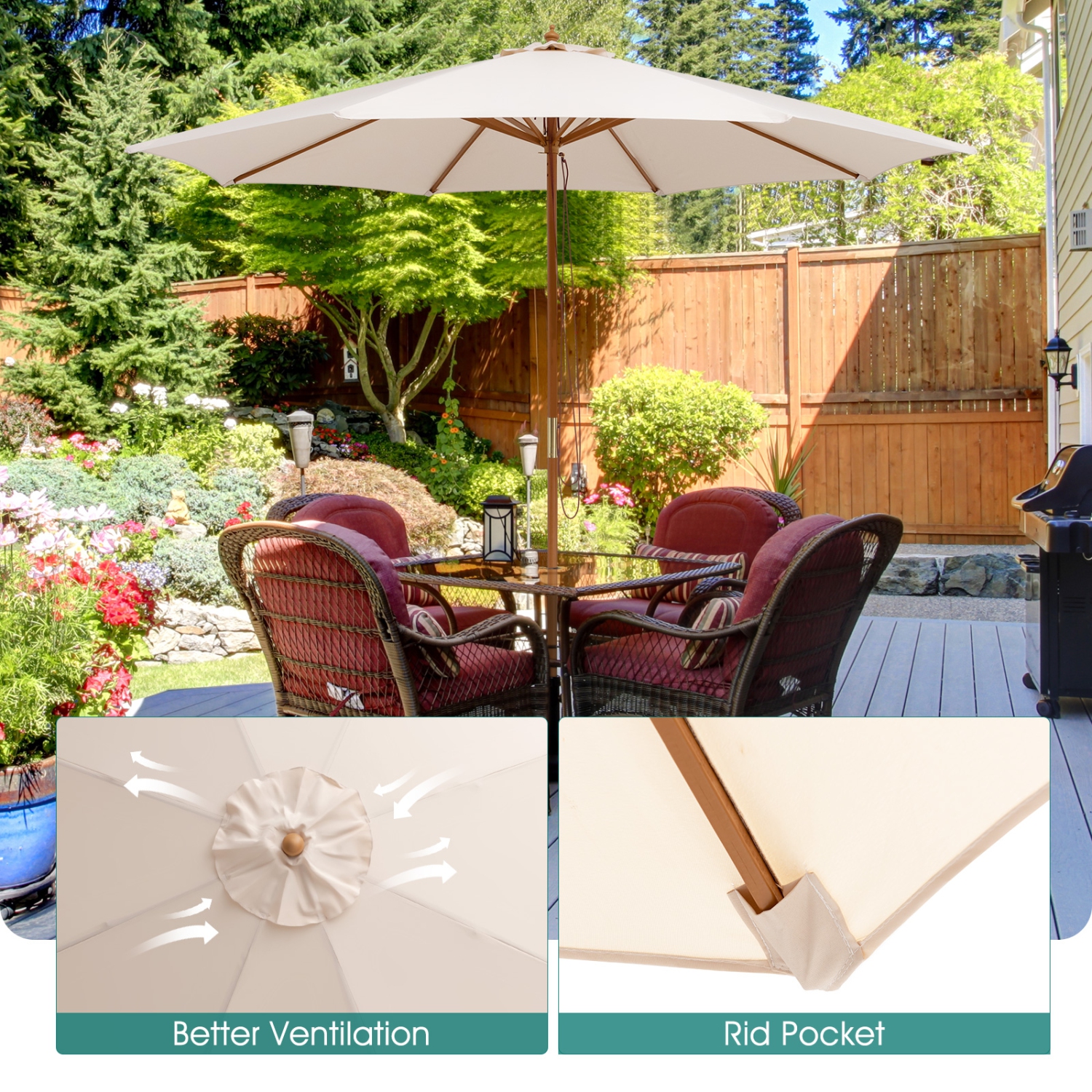 Topbuy 10FT Patio Umbrella Outdoor Table Market Umbrella with 8 Bamboo Ribs Pulley Lift and Ventilation Hole Beige