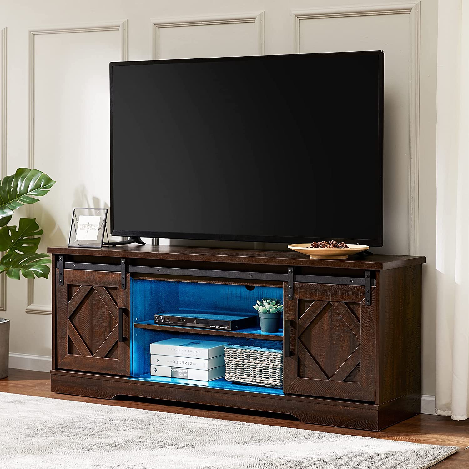 WAMPAT Espresso LED Farmhouse TV Stand with USB Blue Lights Strip for 55/65 Inch Flat Screen, Wood Media Console Table with Sliding Barn Doors, Entertainment Center Cabinet 59"