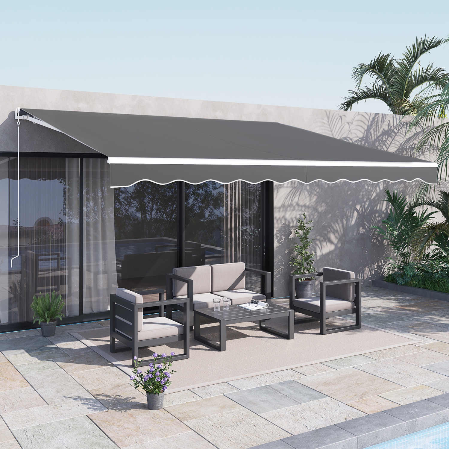 Auvent électrique Outsunny, 13 x 10 pi, abri pare-soleil rétractable avec télécommande, manivelle manuelle et cadre en aluminium, pour terrasse,