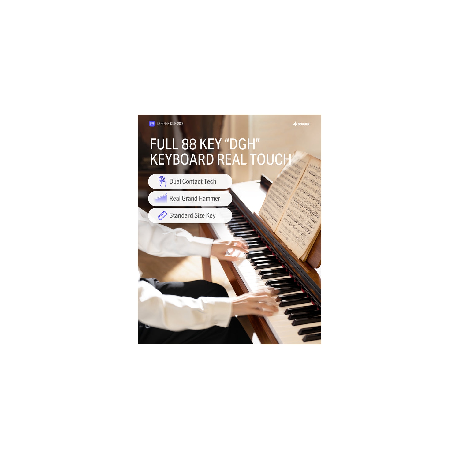 Donner DDP-200 Professional 88 Key Weighted Dynamic Graded Hammer Action Wooden Upright Digital Piano with Bench