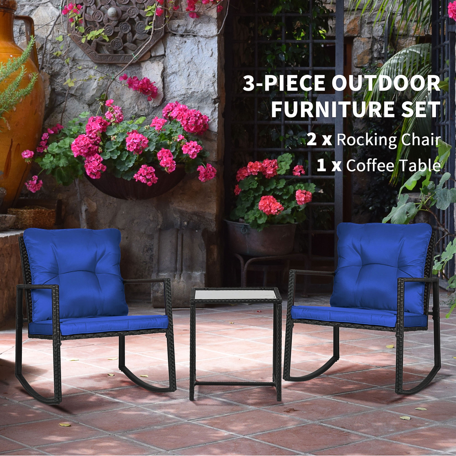 Outsunny 3 Pieces Rocking Bistro Set, Outdoor Wicker Patio Furniture with Glass Coffee Table and Outside Rocking Chairs for Porch, Conversation Sets