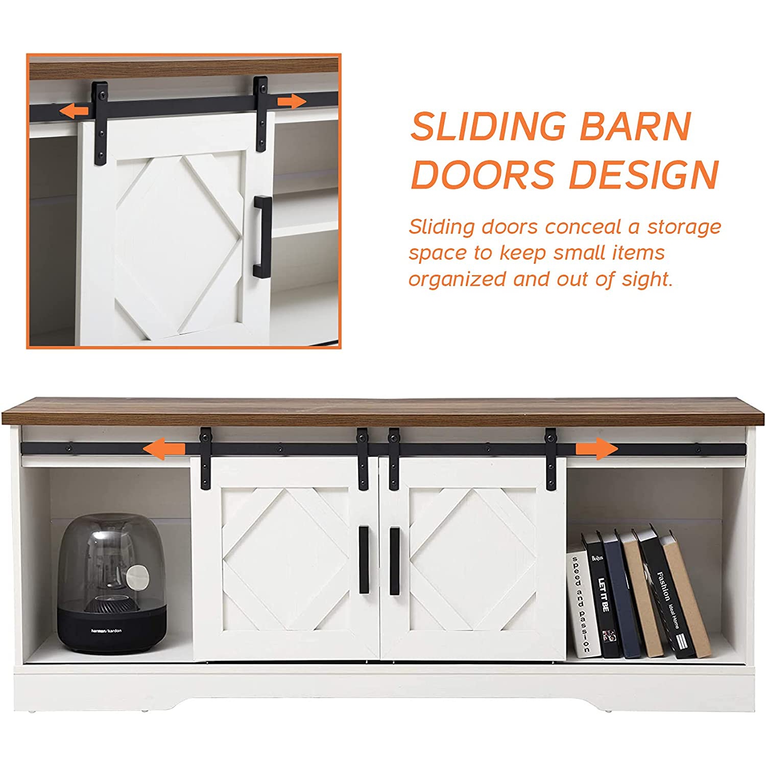 WAMPAT LED TV Stand with Yellow LED Strip Lights for up to 65 inch Flat Screen, Farmhouse TV Console with Sliding Barn Doors, White&Oak, 59"