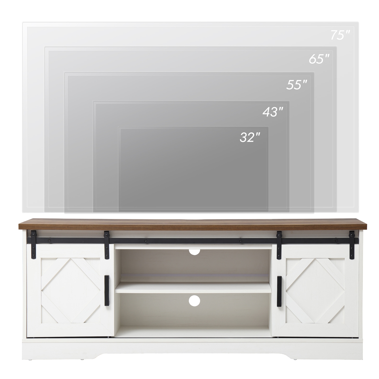 WAMPAT LED TV Stand with Yellow LED Strip Lights for up to 65 inch Flat Screen, Farmhouse TV Console with Sliding Barn Doors, White&Oak, 59"