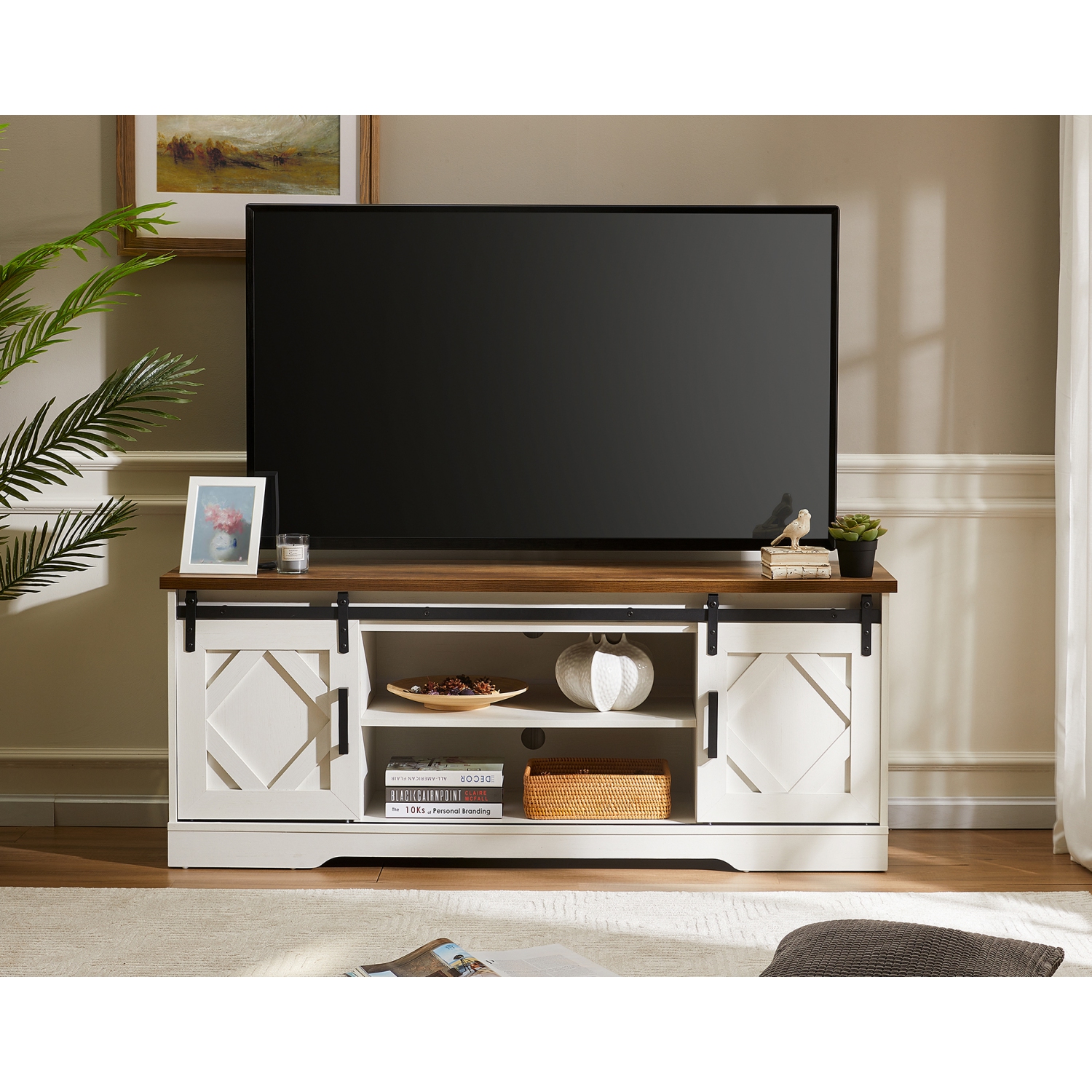 WAMPAT LED TV Stand with Yellow LED Strip Lights for up to 65 inch Flat Screen, Farmhouse TV Console with Sliding Barn Doors, White&Oak, 59"