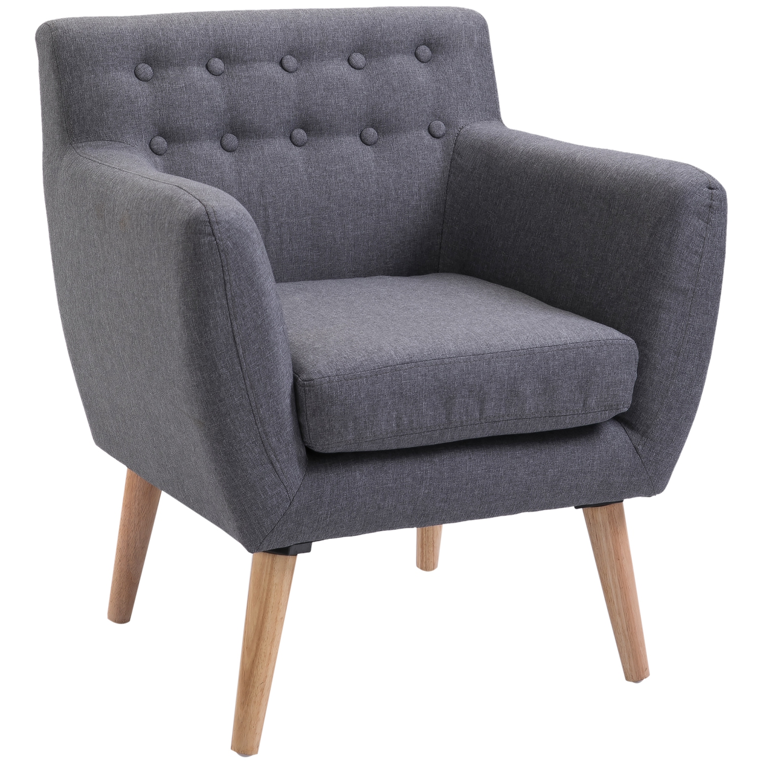 HOMCOM Mid-Century Modern Accent Chair, Linen Upholstery Armchair, Tufted Club Chair with Wood Frame and Thick Padding for Living Room, Bedroom,