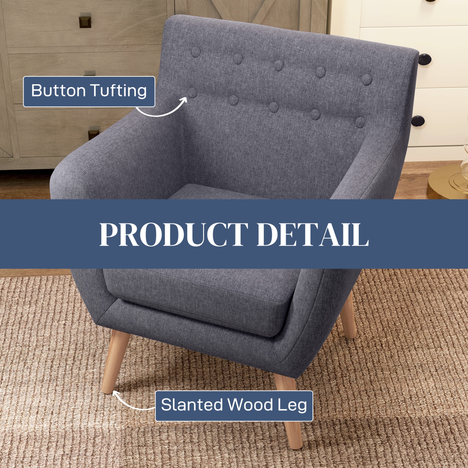 HOMCOM Mid-Century Modern Accent Chair, Linen Upholstery Armchair, Tufted Club Chair with Wood Frame and Thick Padding for Living Room, Bedroom,