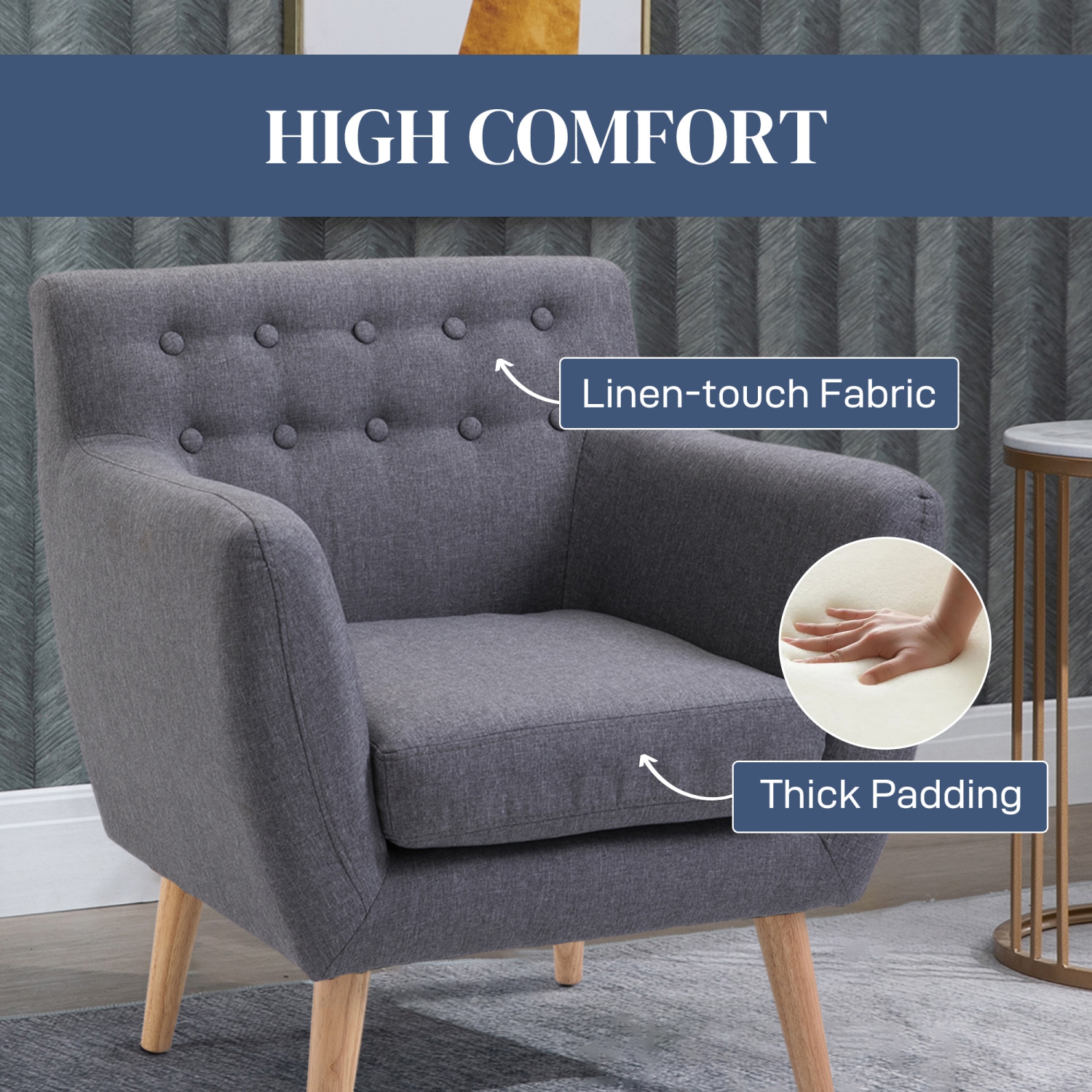 HOMCOM Mid-Century Modern Accent Chair, Linen Upholstery Armchair, Tufted Club Chair with Wood Frame and Thick Padding for Living Room, Bedroom,