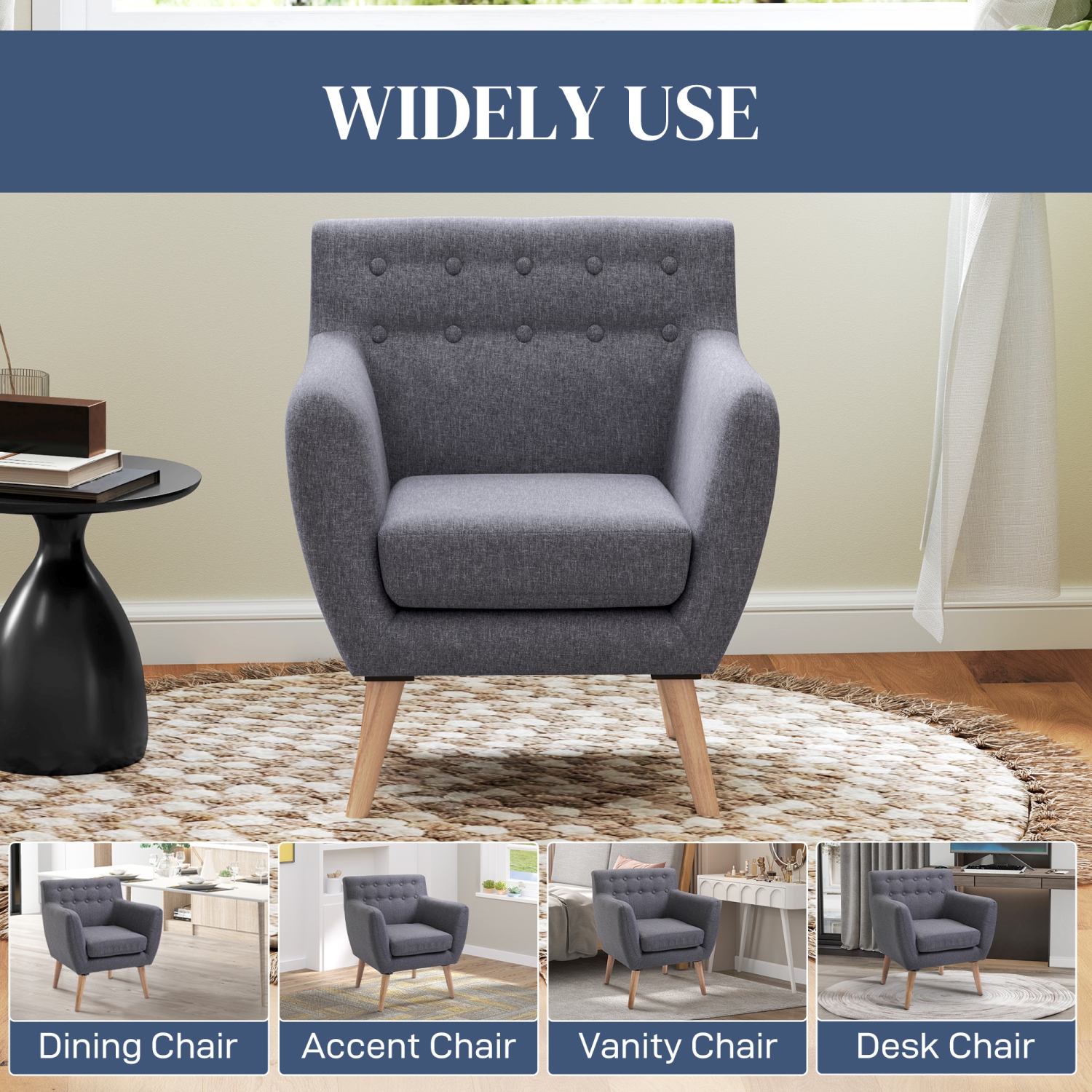 HOMCOM Mid-Century Modern Accent Chair, Linen Upholstery Armchair, Tufted Club Chair with Wood Frame and Thick Padding for Living Room, Bedroom,