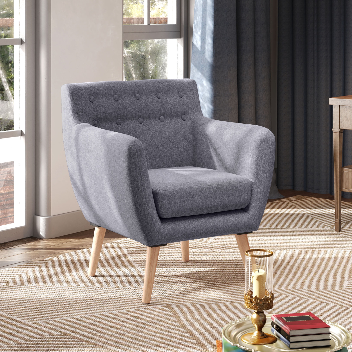 HOMCOM Mid-Century Modern Accent Chair, Linen Upholstery Armchair, Tufted Club Chair with Wood Frame and Thick Padding for Living Room, Bedroom,