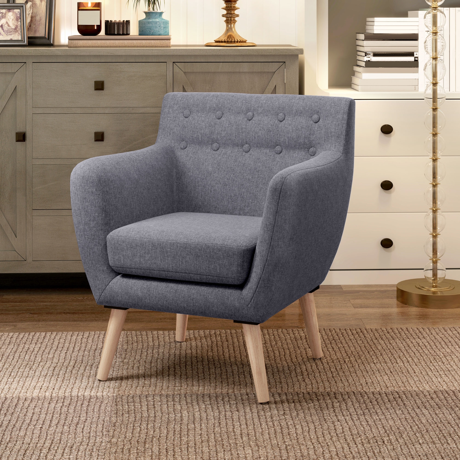 HOMCOM Mid-Century Modern Accent Chair, Linen Upholstery Armchair, Tufted Club Chair with Wood Frame and Thick Padding for Living Room, Bedroom,