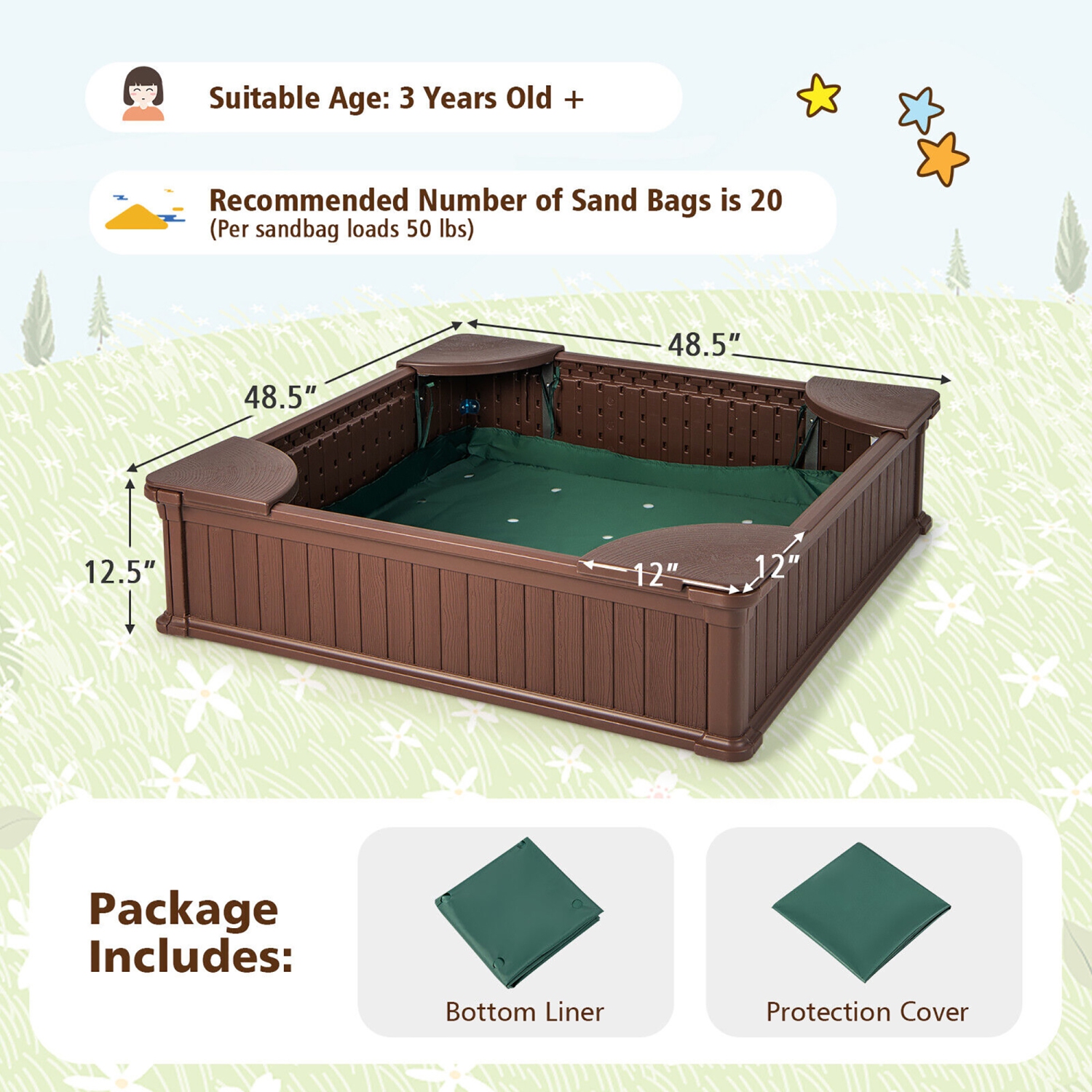 Gymax Kids Outdoor Sandbox 48.5'' x 48.5'' x 12.5'' Large HDPE Sandpit with Oxford Cover
