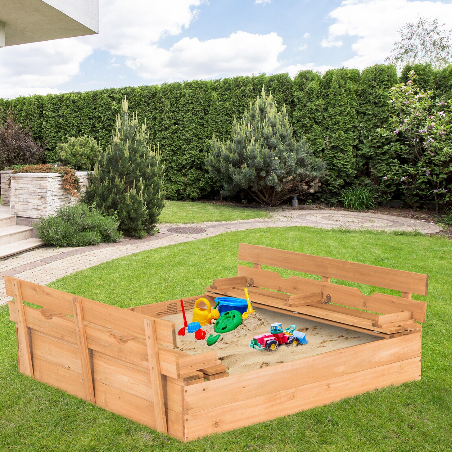 Gymax Kids Large Wooden Sandbox Outdoor Cedar Sandpit with 2 Bench Seats