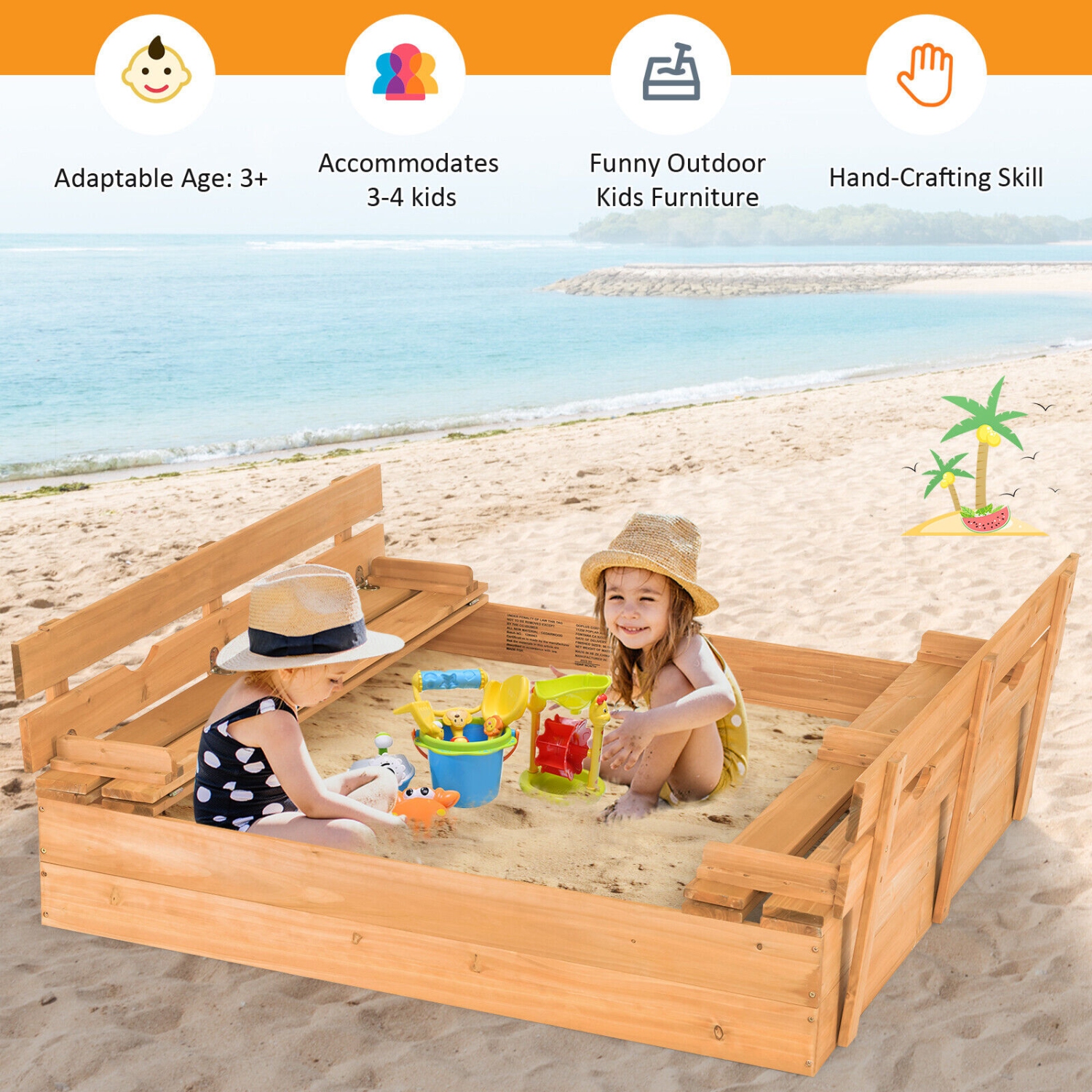 Gymax Kids Large Wooden Sandbox Outdoor Cedar Sandpit with 2 Bench Seats