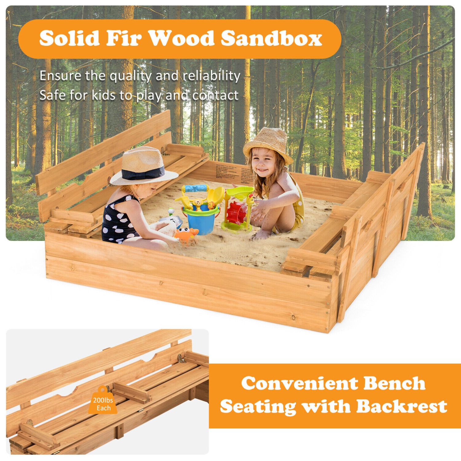 Gymax Kids Large Wooden Sandbox Outdoor Cedar Sandpit with 2 Bench Seats
