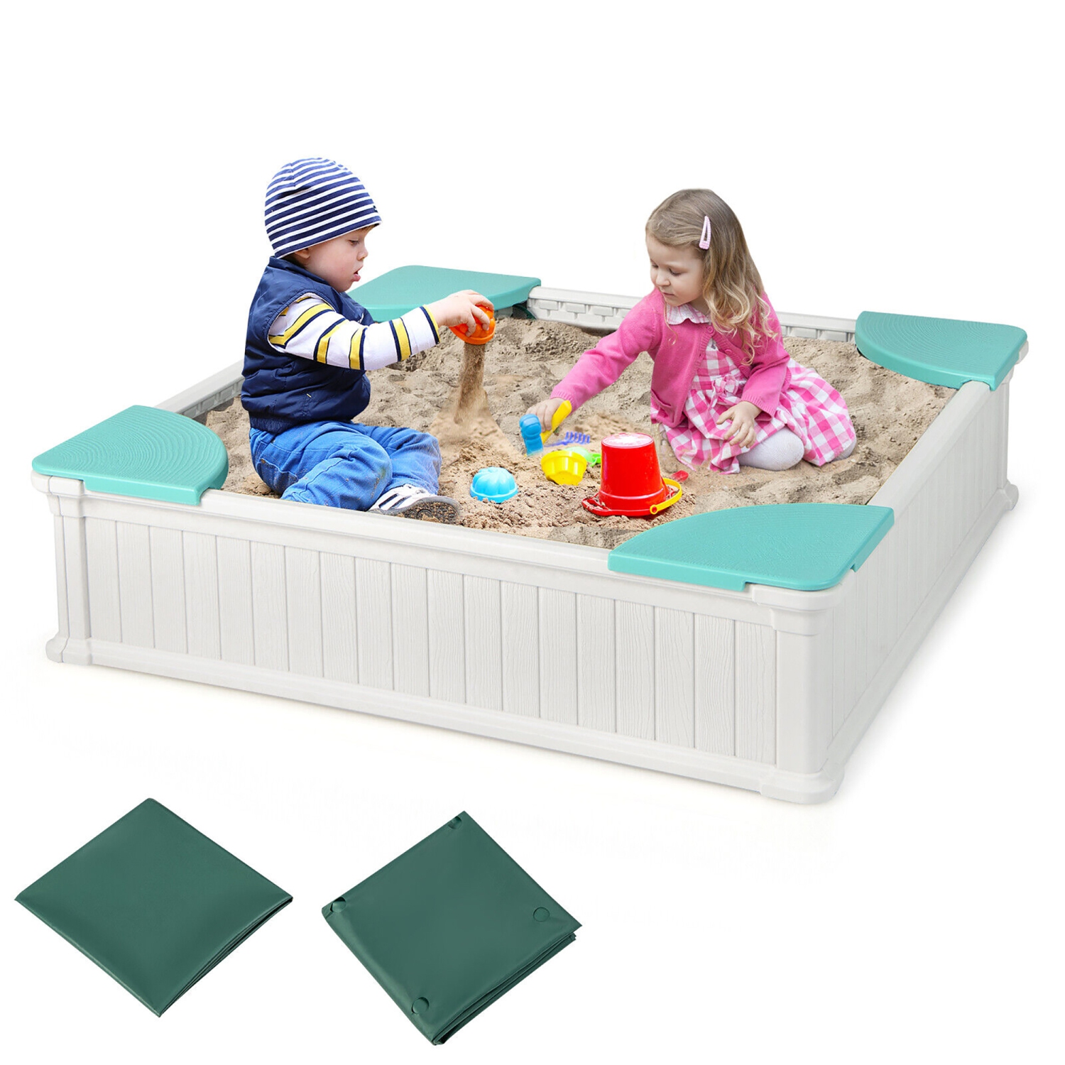 Gymax Kids Outdoor Sandbox 48.5'' x 48.5'' x 12.5'' Large HDPE Sandpit with Oxford Cover
