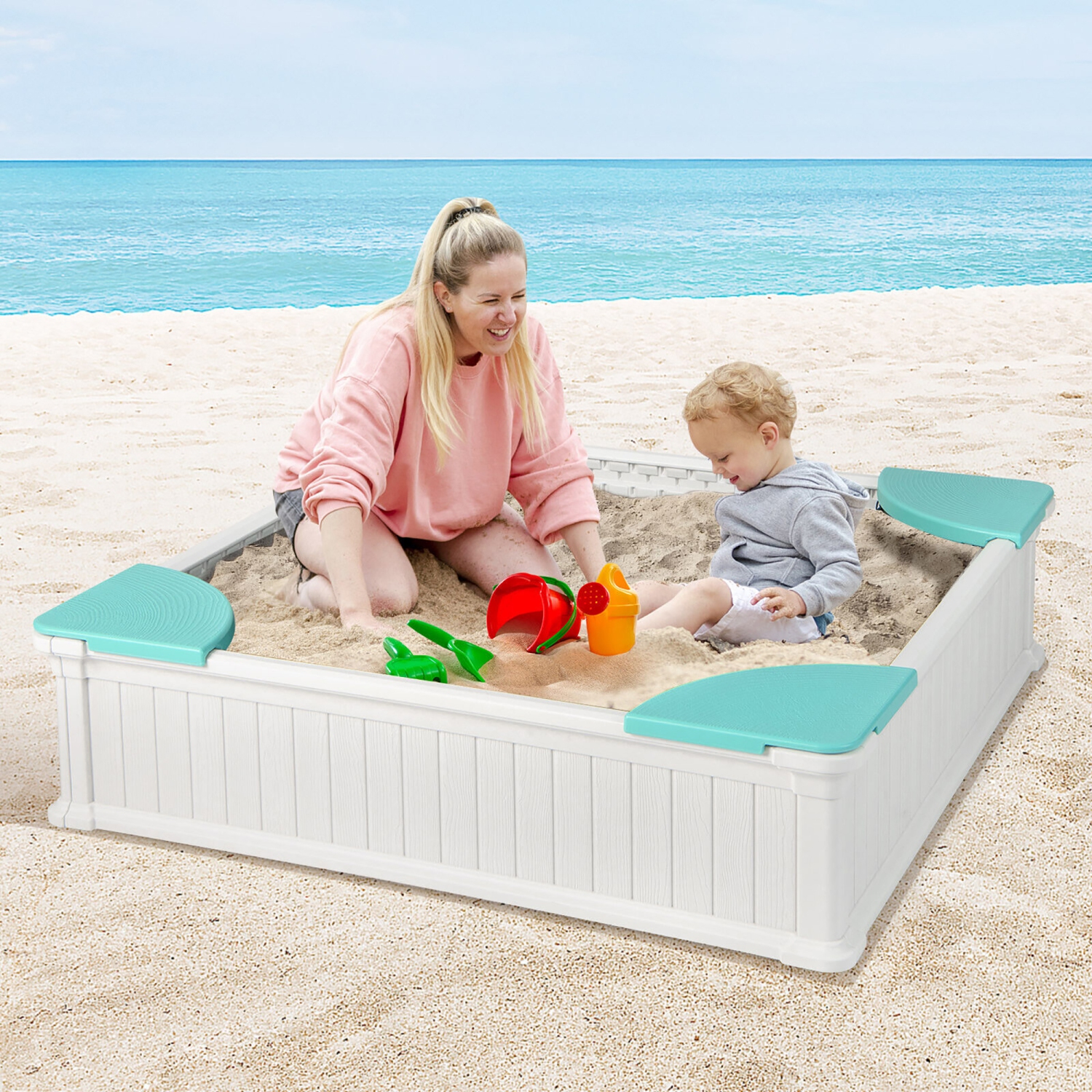 Gymax Kids Outdoor Sandbox 48.5'' x 48.5'' x 12.5'' Large HDPE Sandpit with Oxford Cover