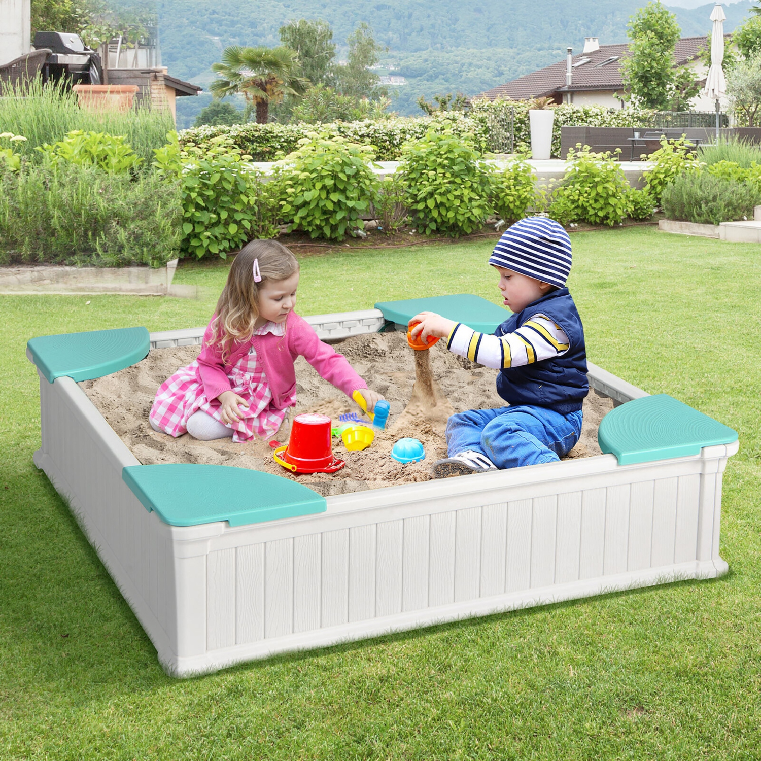 Gymax Kids Outdoor Sandbox 48.5'' x 48.5'' x 12.5'' Large HDPE Sandpit with Oxford Cover