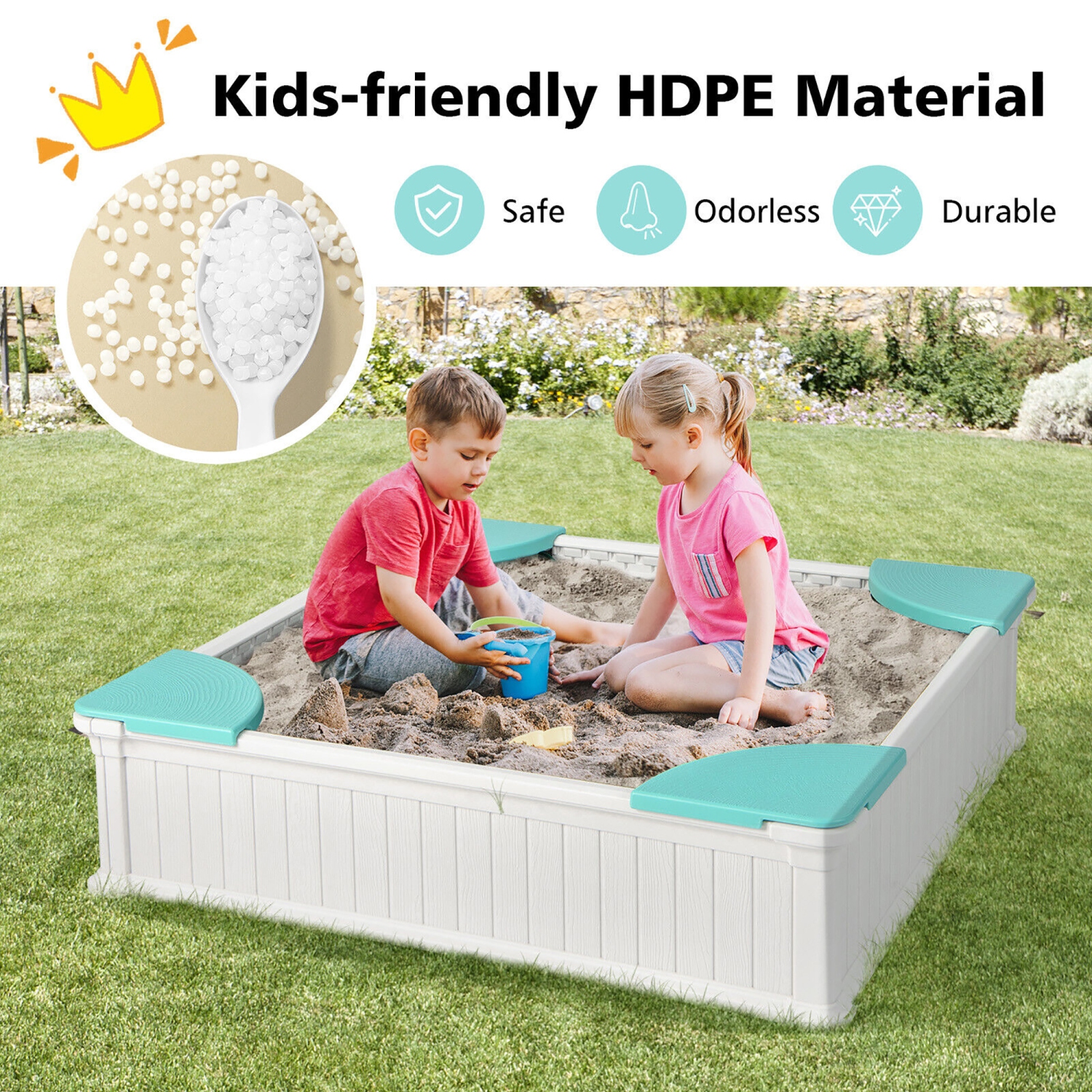 Gymax Kids Outdoor Sandbox 48.5'' x 48.5'' x 12.5'' Large HDPE Sandpit with Oxford Cover