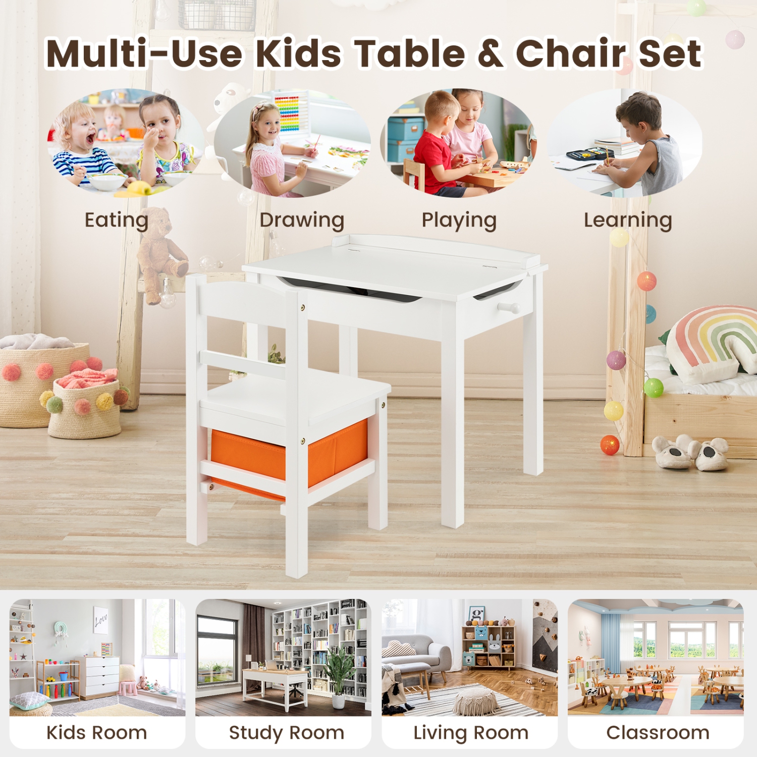 Gymax Kids Table and Chair Set Wood Activity Study Desk w/ Storage Drawer Hook
