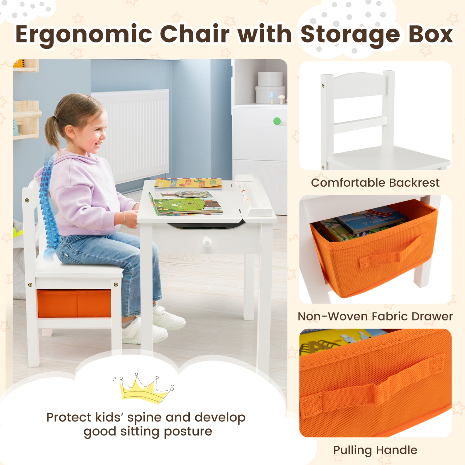 Gymax Kids Table and Chair Set Wood Activity Study Desk w/ Storage Drawer Hook