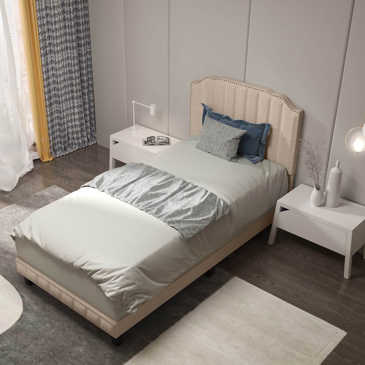 Gymax Twin/Full/Queen Upholstered Bed Frame with linen fabric vertical lines Rivets headboard