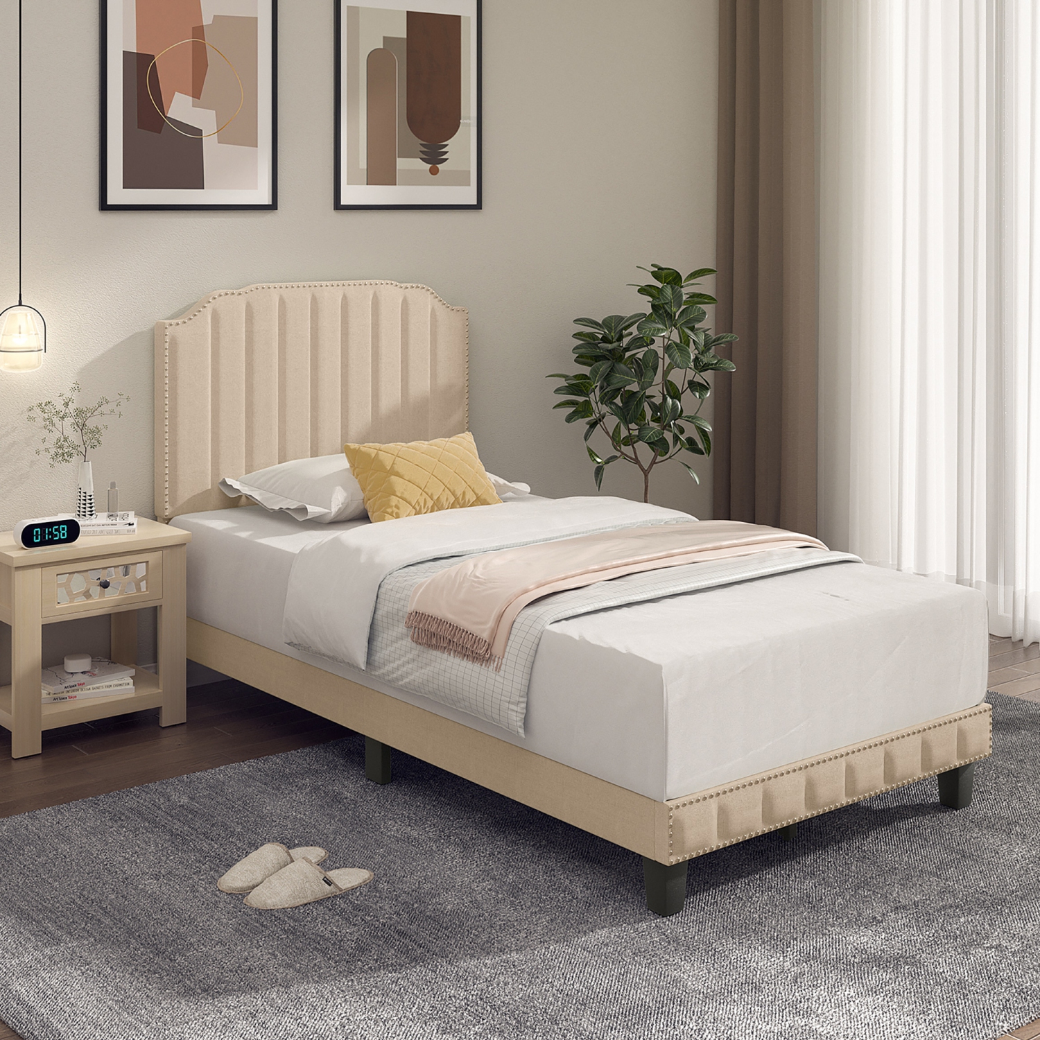 Gymax Twin/Full/Queen Upholstered Bed Frame with linen fabric vertical lines Rivets headboard