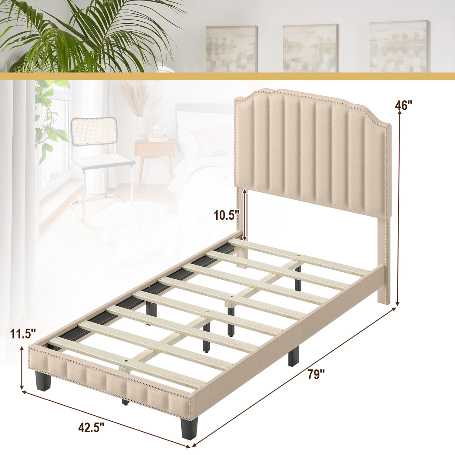 Gymax Twin/Full/Queen Upholstered Bed Frame with linen fabric vertical lines Rivets headboard