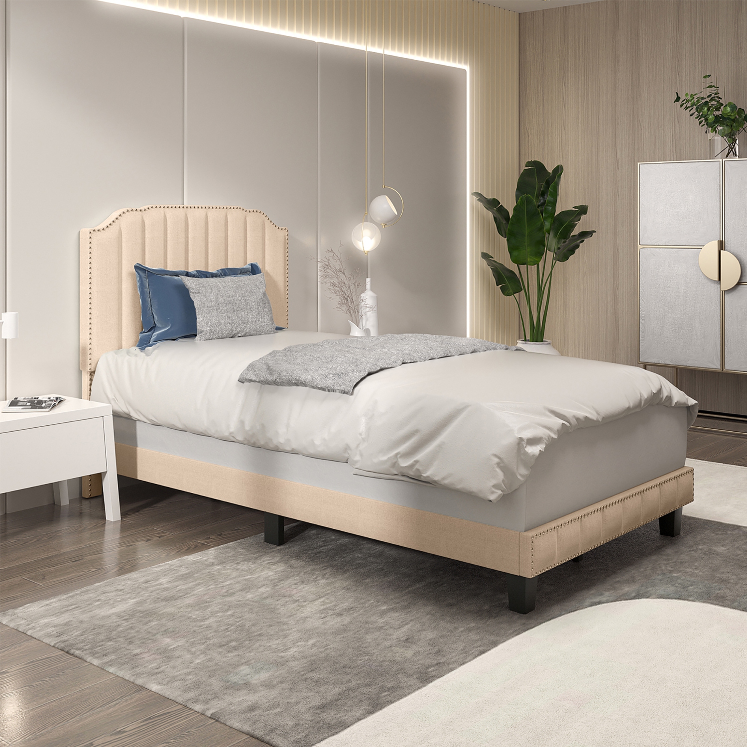 Gymax Twin/Full/Queen Upholstered Bed Frame with linen fabric vertical lines Rivets headboard