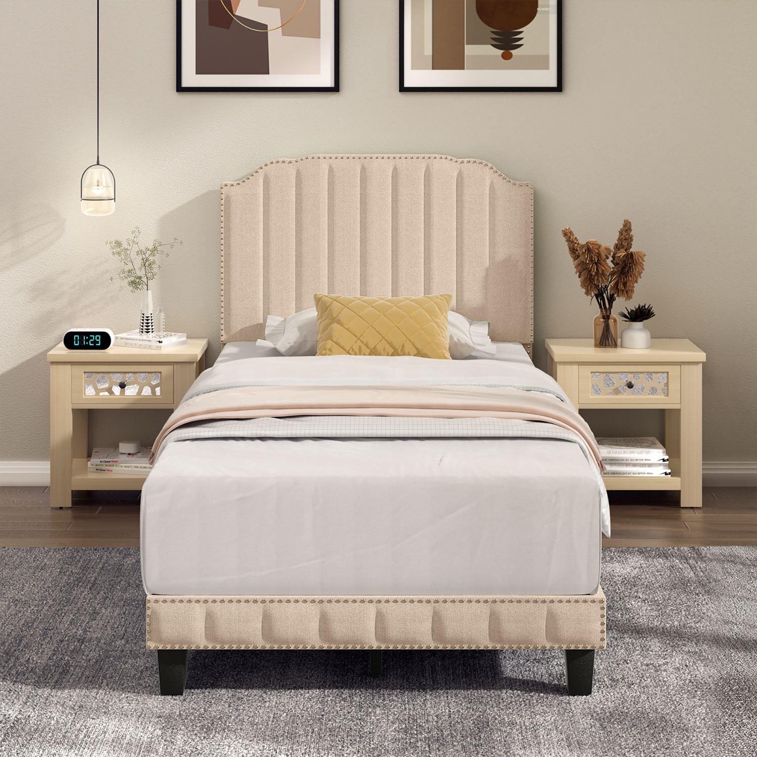 Gymax Twin/Full/Queen Upholstered Bed Frame with linen fabric vertical lines Rivets headboard