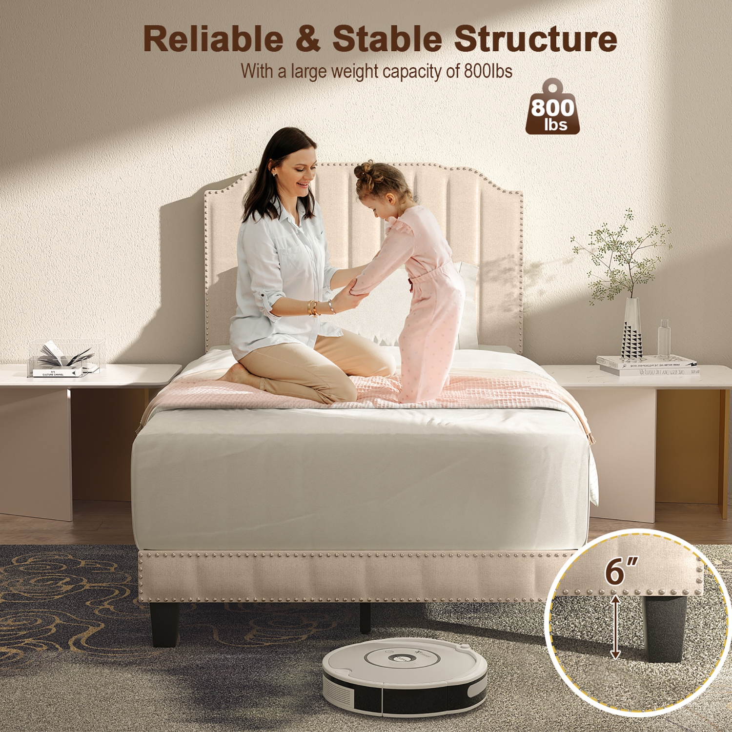 Gymax Twin/Full/Queen Upholstered Bed Frame with linen fabric vertical lines Rivets headboard