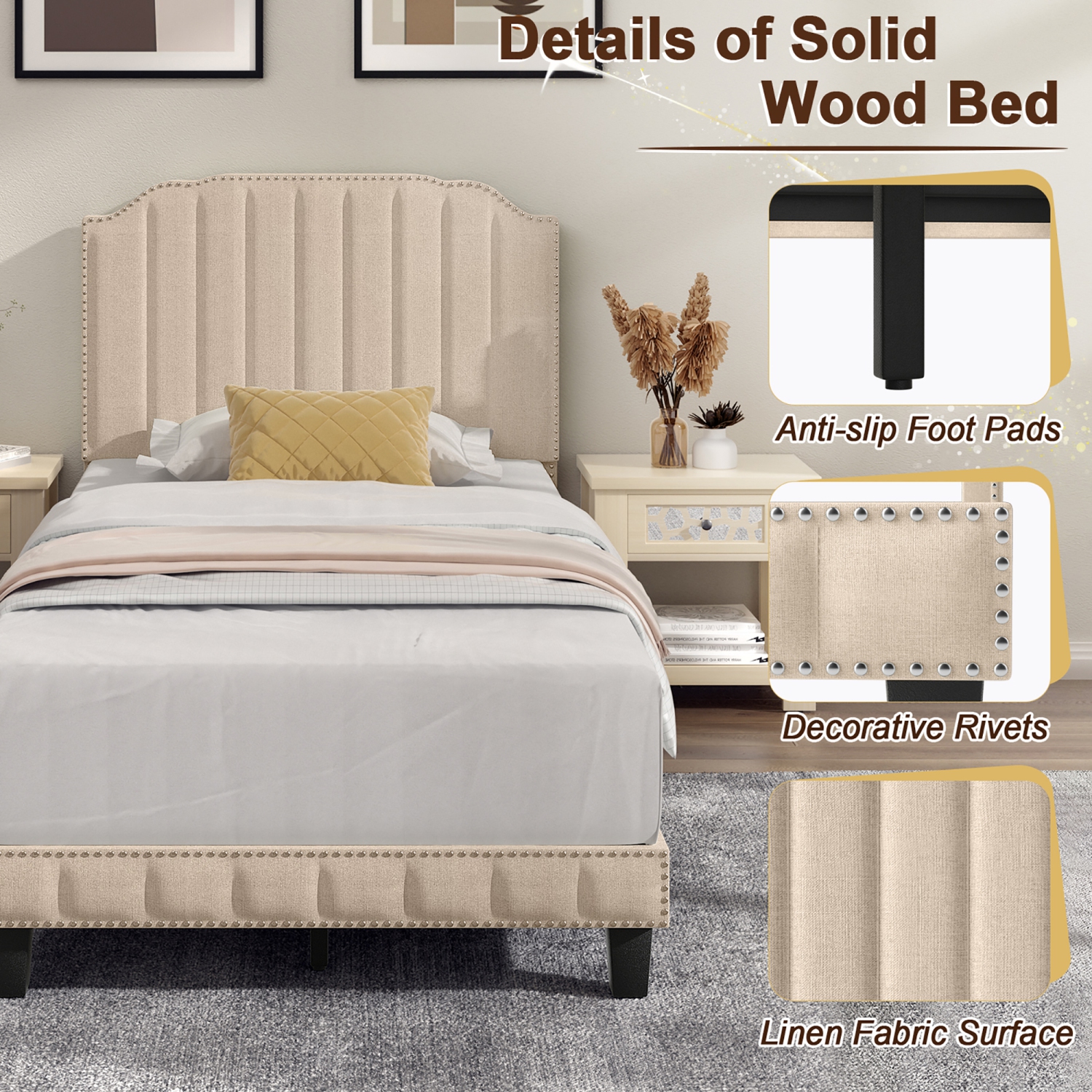 Gymax Twin/Full/Queen Upholstered Bed Frame with linen fabric vertical lines Rivets headboard