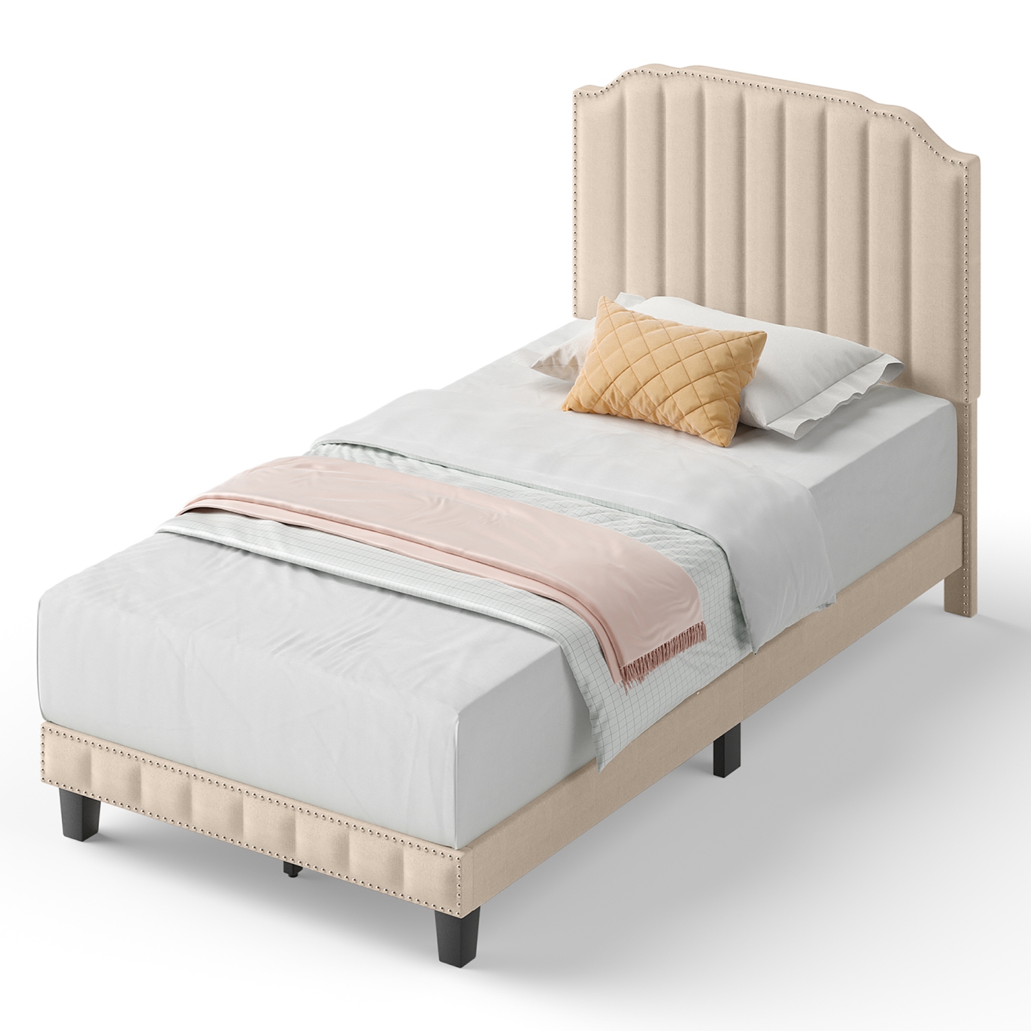 Gymax Twin/Full/Queen Upholstered Bed Frame with linen fabric vertical lines Rivets headboard