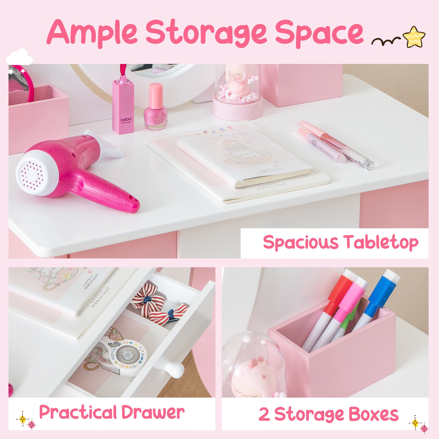 Gymax Pretend Kids Vanity Set Makeup Dressing Table 2-in-1 Mirror & Whiteboard