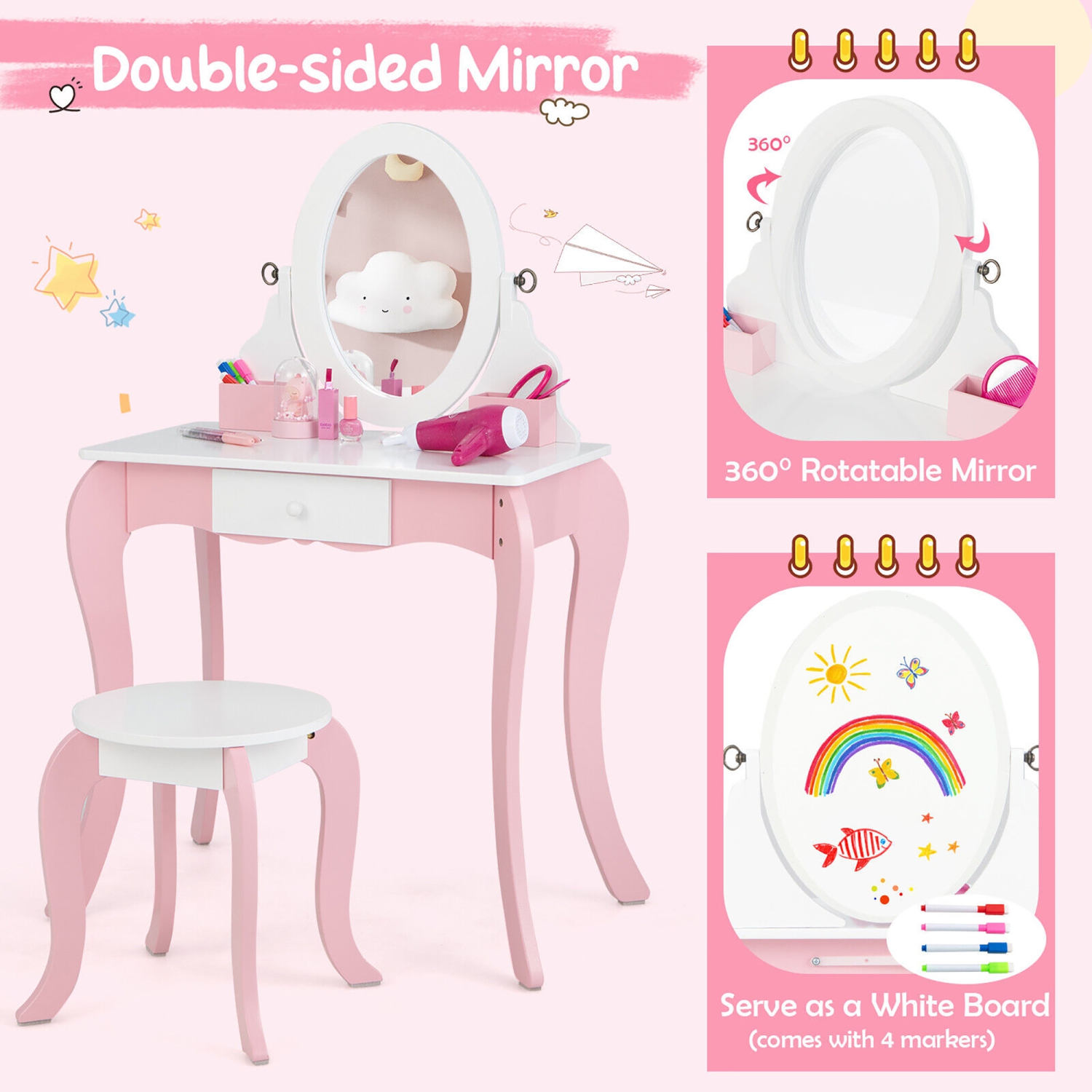 Gymax Pretend Kids Vanity Set Makeup Dressing Table 2-in-1 Mirror & Whiteboard
