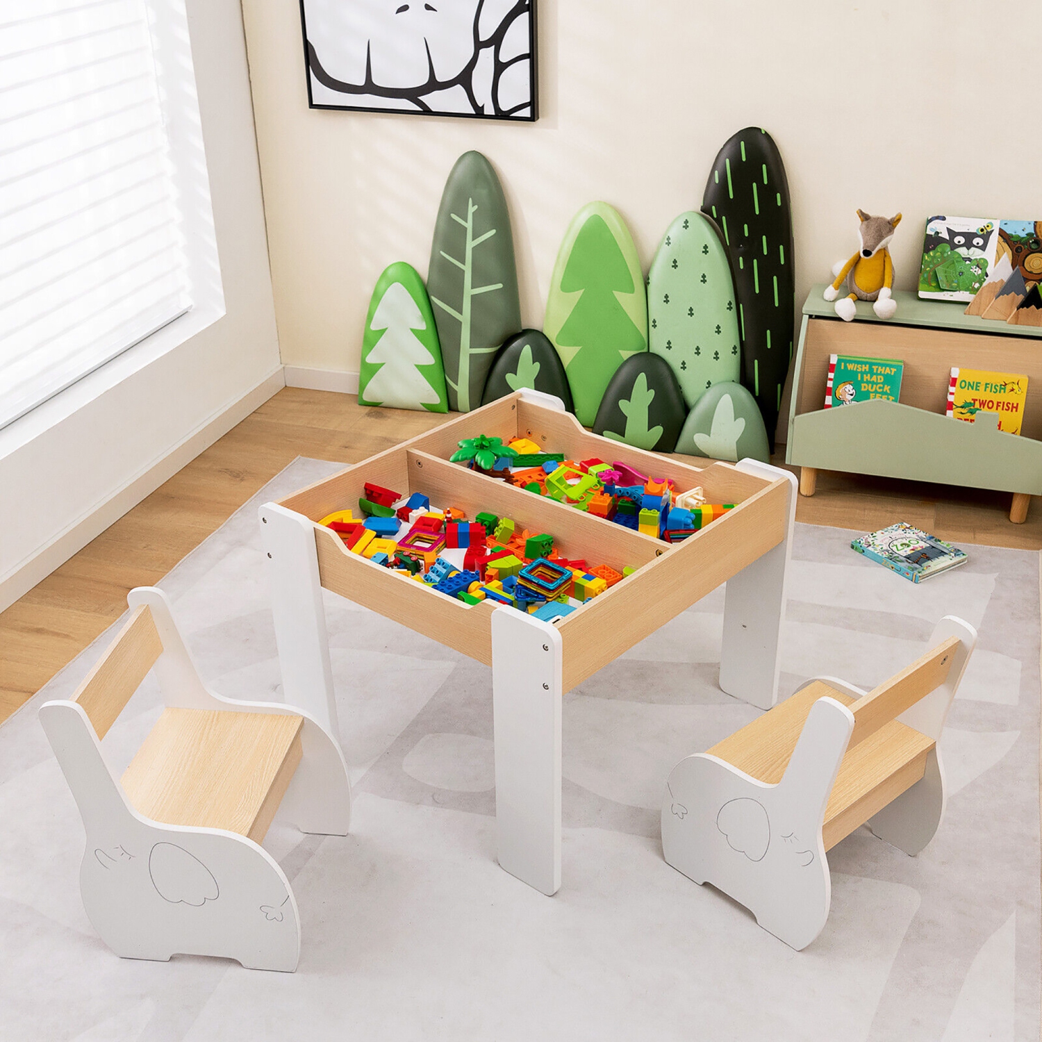 Gymax 4-in-1 Kids Wooden Table & 2 Chairs Set w/ Storage Detachable Blackboard Drawing