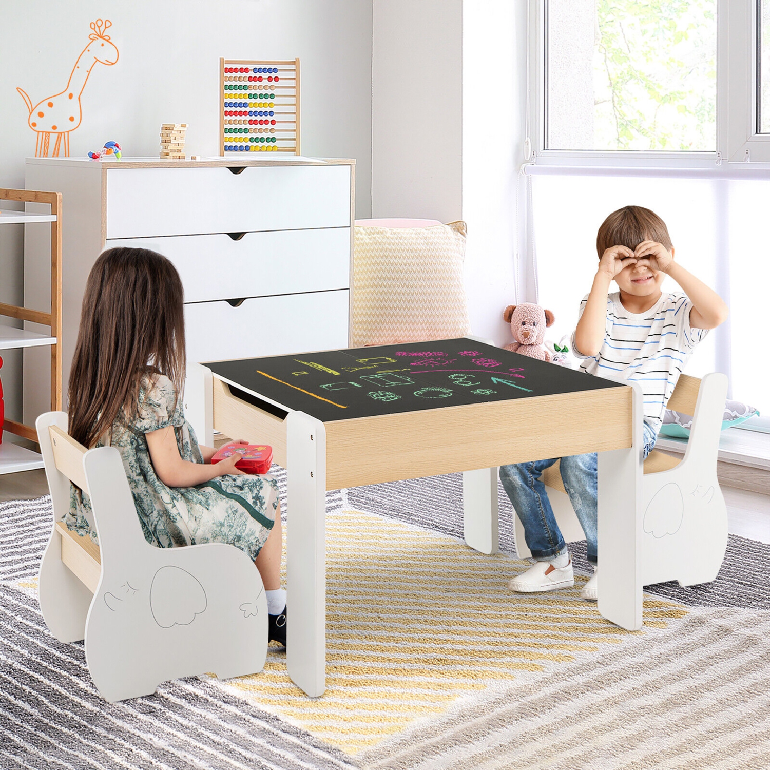 Gymax 4-in-1 Kids Wooden Table & 2 Chairs Set w/ Storage Detachable Blackboard Drawing