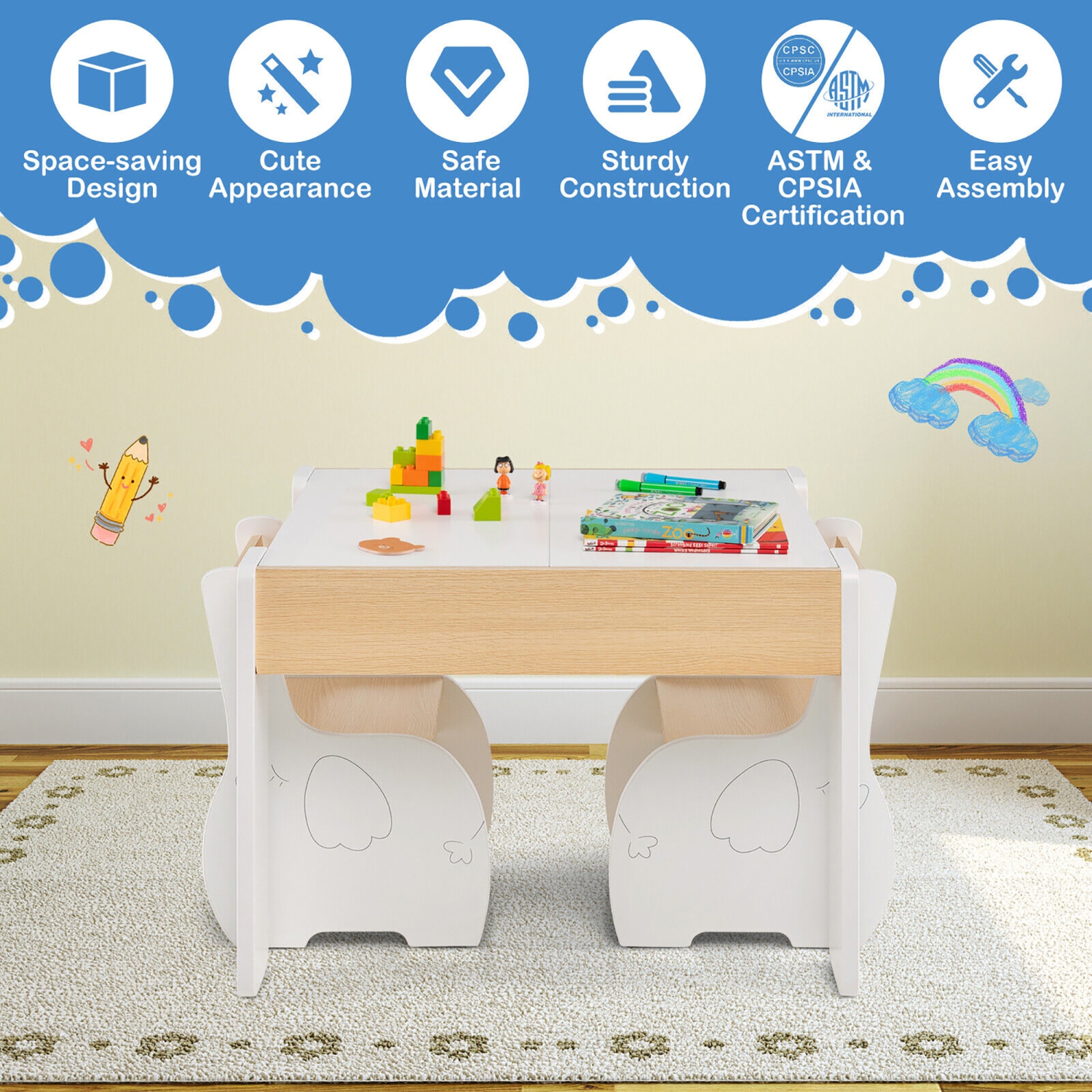 Gymax 4-in-1 Kids Wooden Table & 2 Chairs Set w/ Storage Detachable Blackboard Drawing