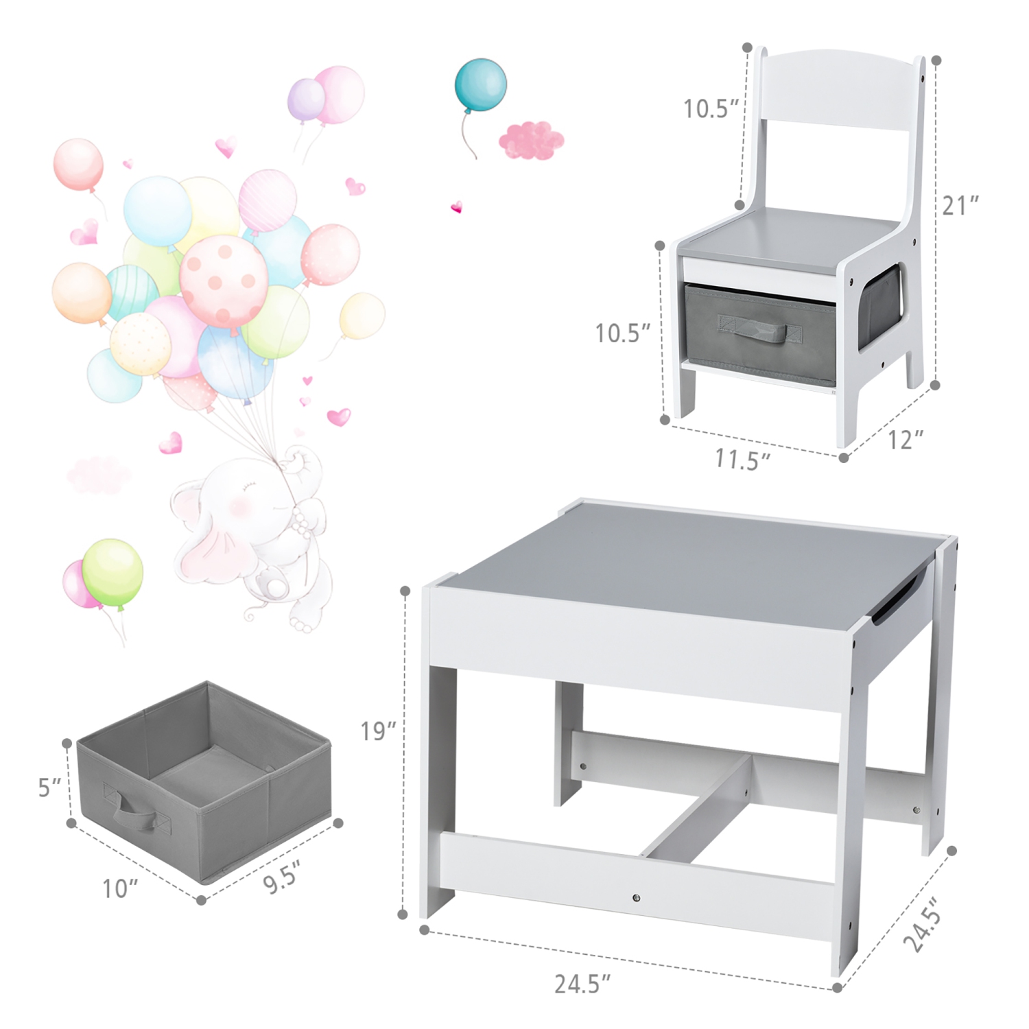 Gymax 3 in 1 Kids Wood Table Chairs Set w/ Storage Box Blackboard Drawing Grey