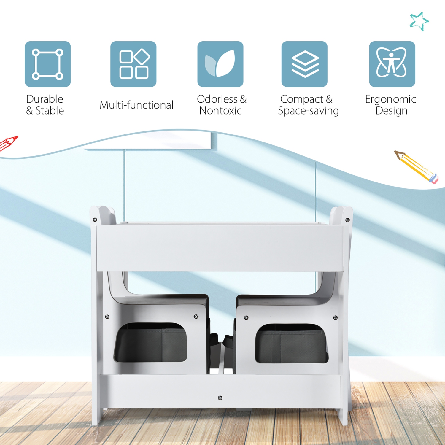 Gymax 3 in 1 Kids Wood Table Chairs Set w/ Storage Box Blackboard Drawing Grey