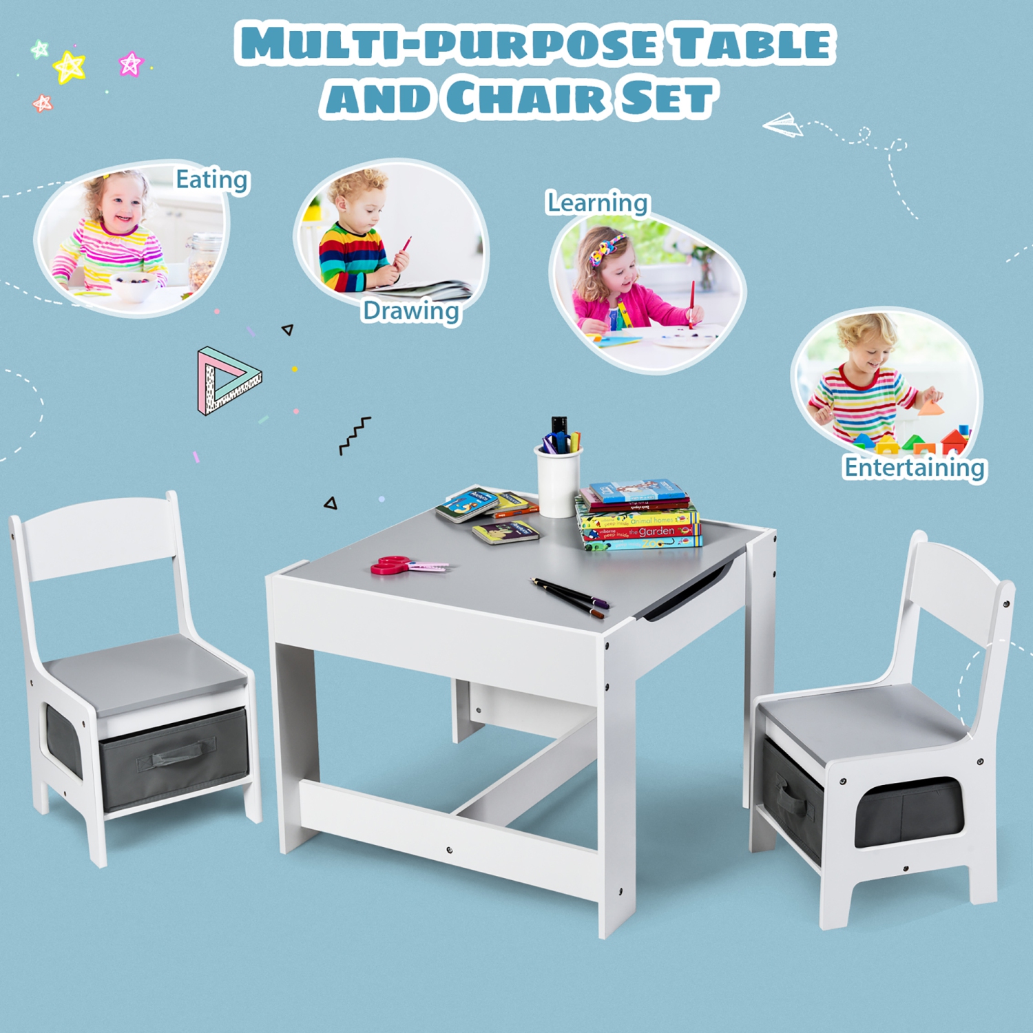 Gymax 3 in 1 Kids Wood Table Chairs Set w/ Storage Box Blackboard Drawing Grey